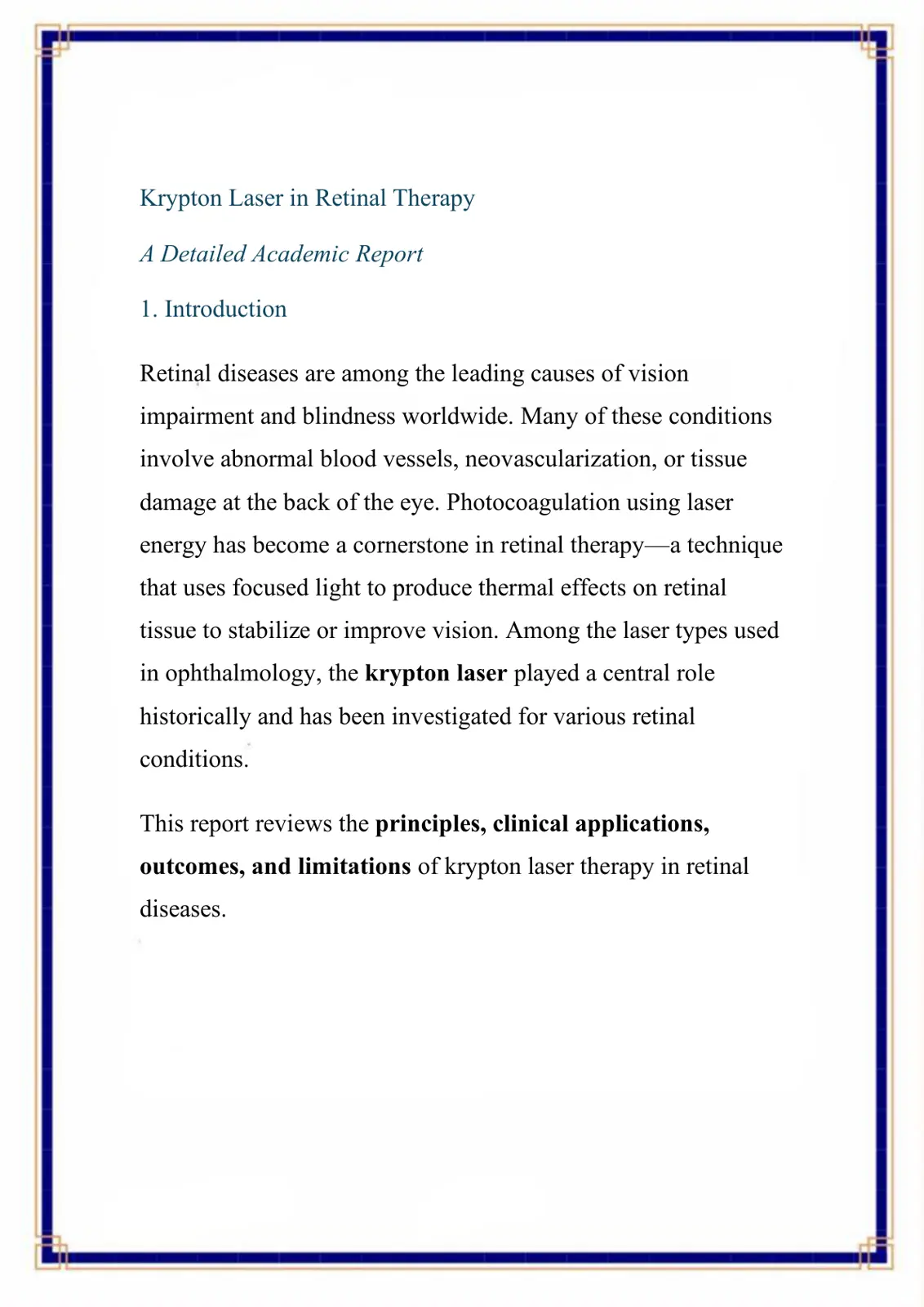 غلاف تقرير Krypton Laser in Retinal Therapy: A Detailed Academic Report
