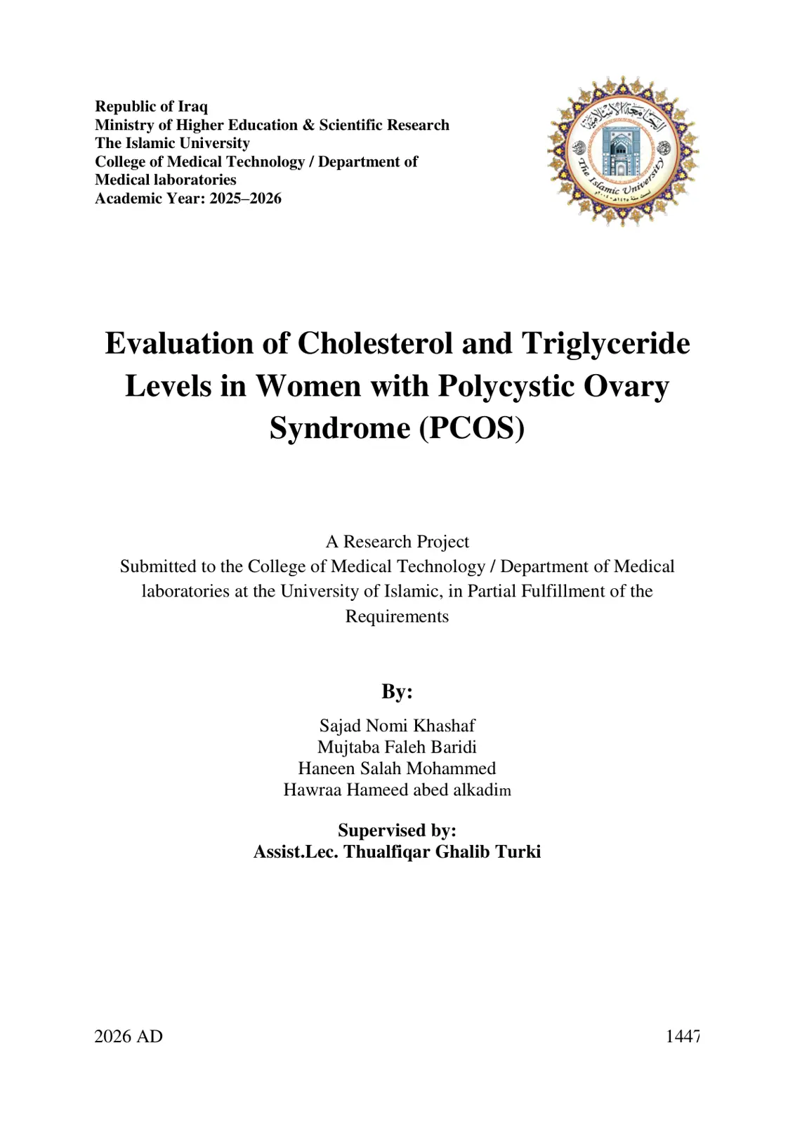 غلاف تقرير Evaluation of Cholesterol and Triglyceride Levels in Women with Polycystic Ovary Syndrome (PCOS)
