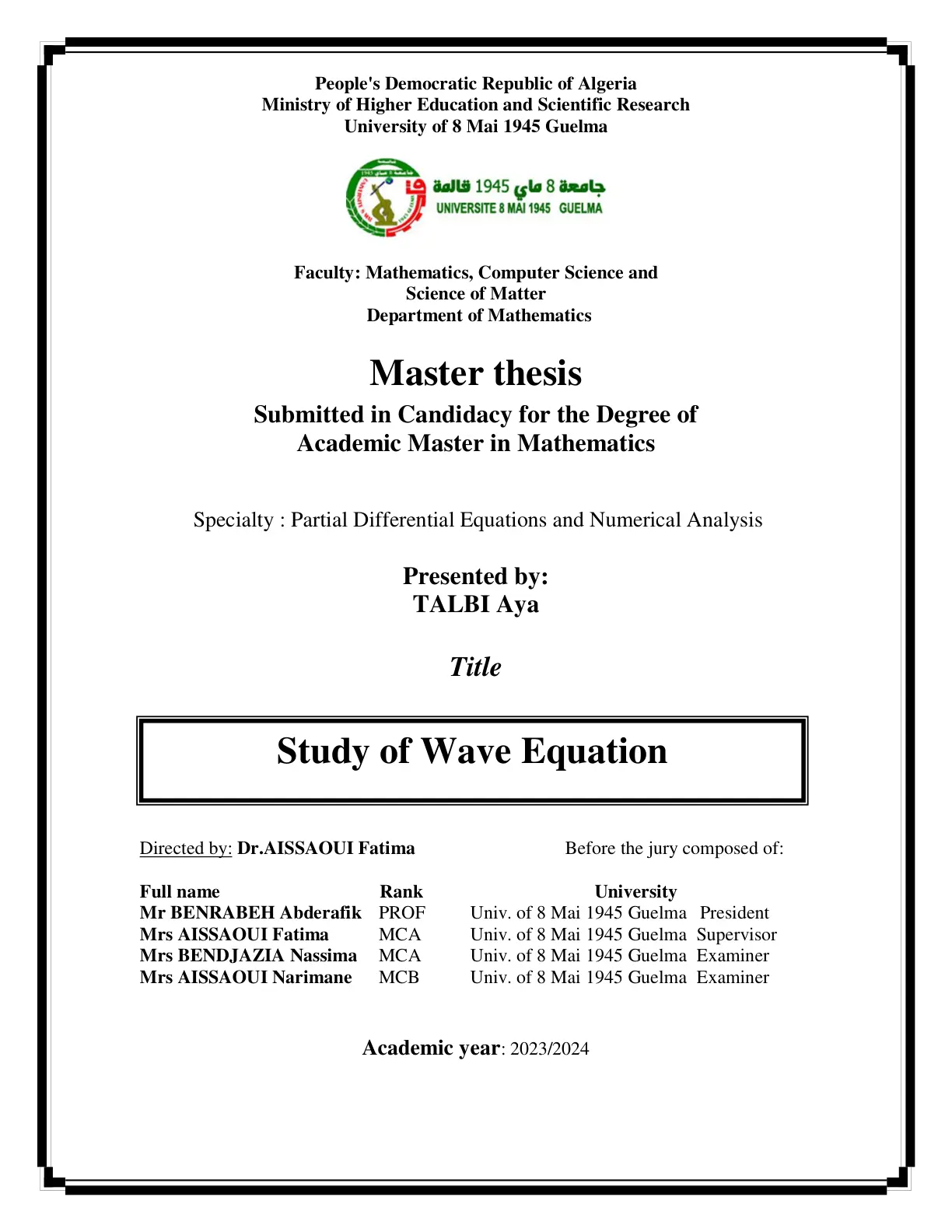غلاف تقرير Study of Wave Equation