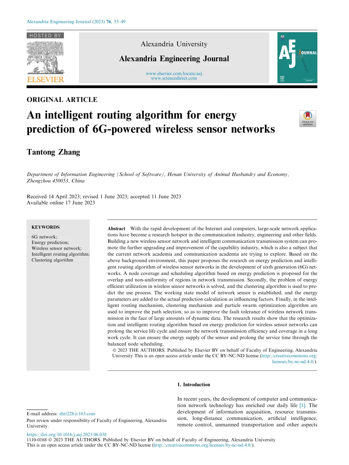 غلاف تقرير An intelligent routing algorithm for energy prediction of 6G-powered wireless sensor networks