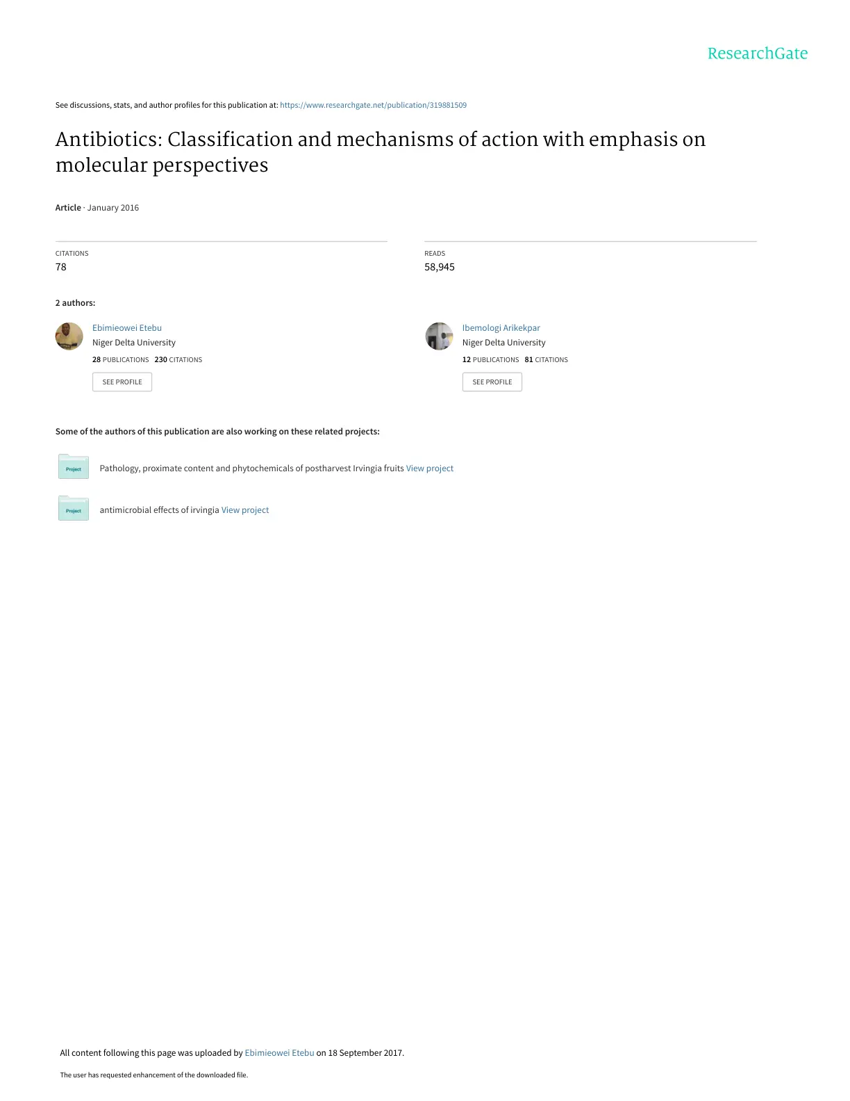 غلاف تقرير Antibiotics: Classification and mechanisms of action with emphasis on molecular perspectives