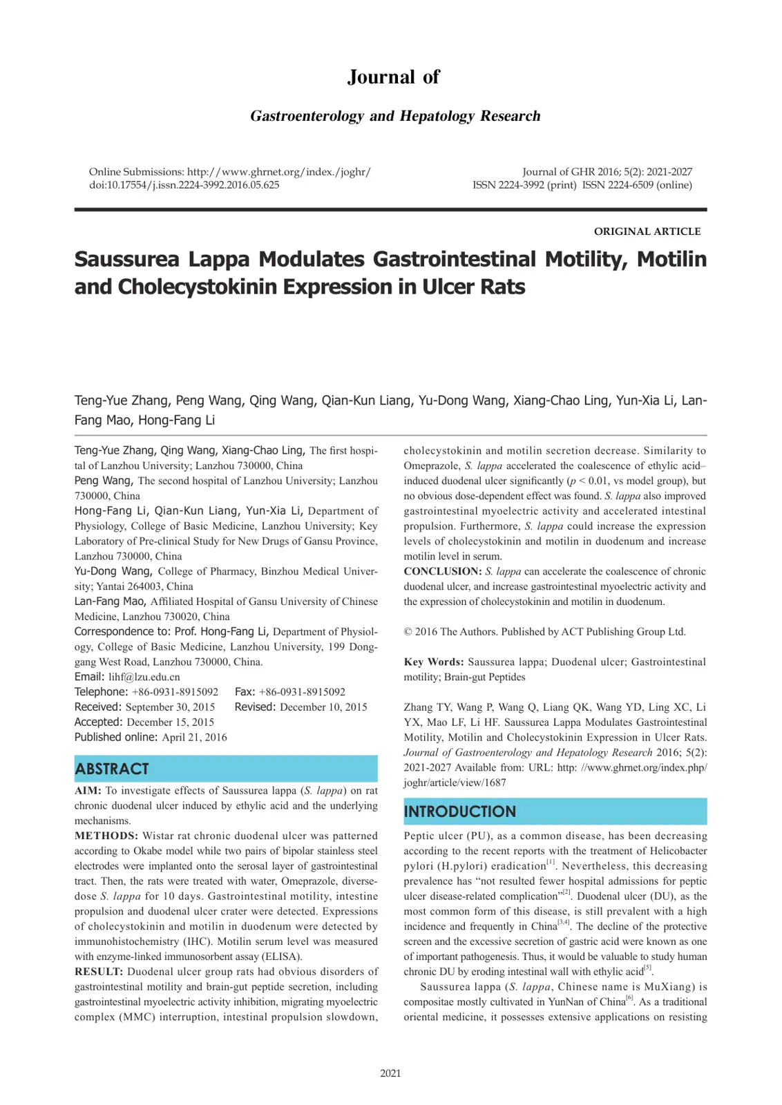 غلاف تقرير Saussurea Lappa Modulates Gastrointestinal Motility, Motilin and Cholecystokinin Expression in Ulcer Rats
