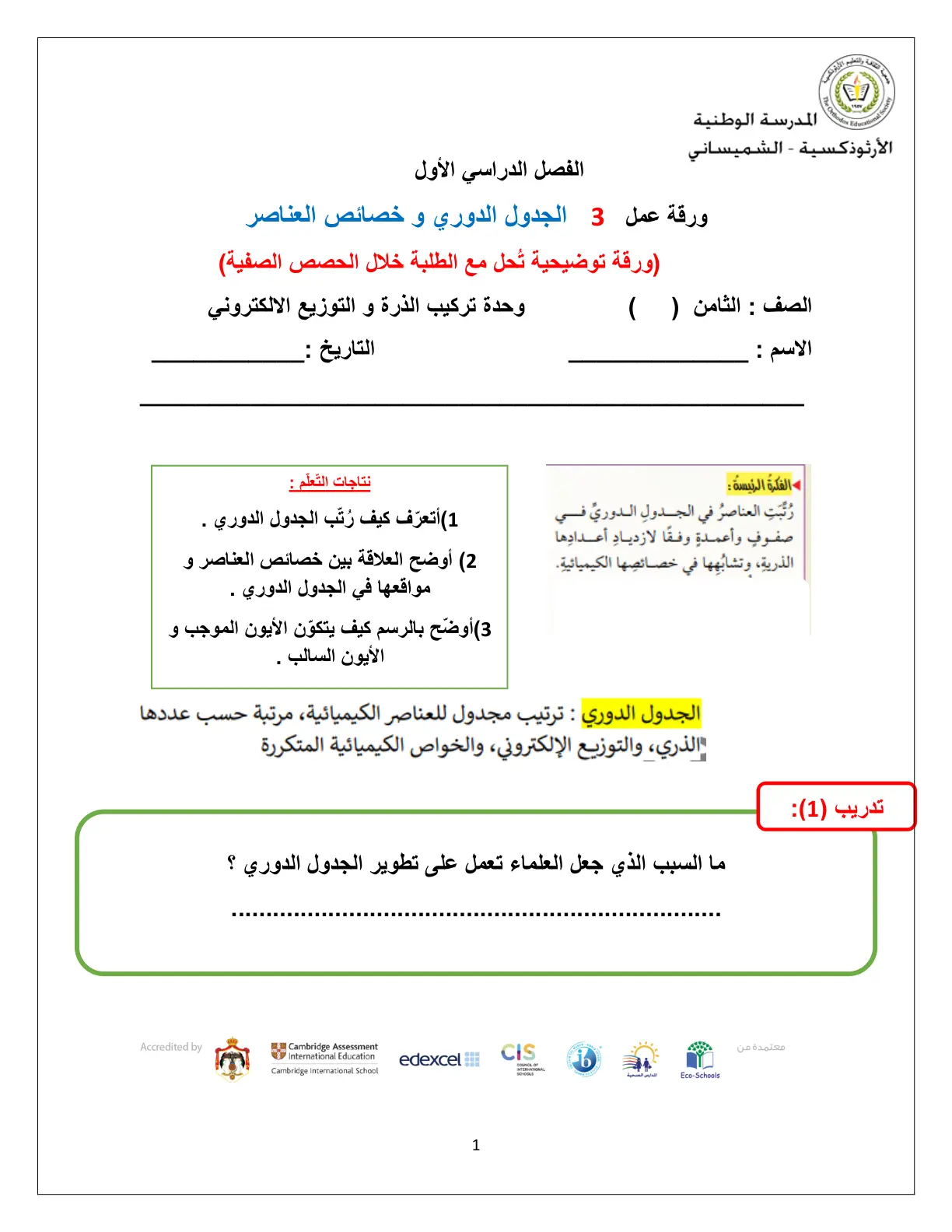 غلاف تقرير ورقة عمل 3 الجدول الدوري و خصائص العناصر