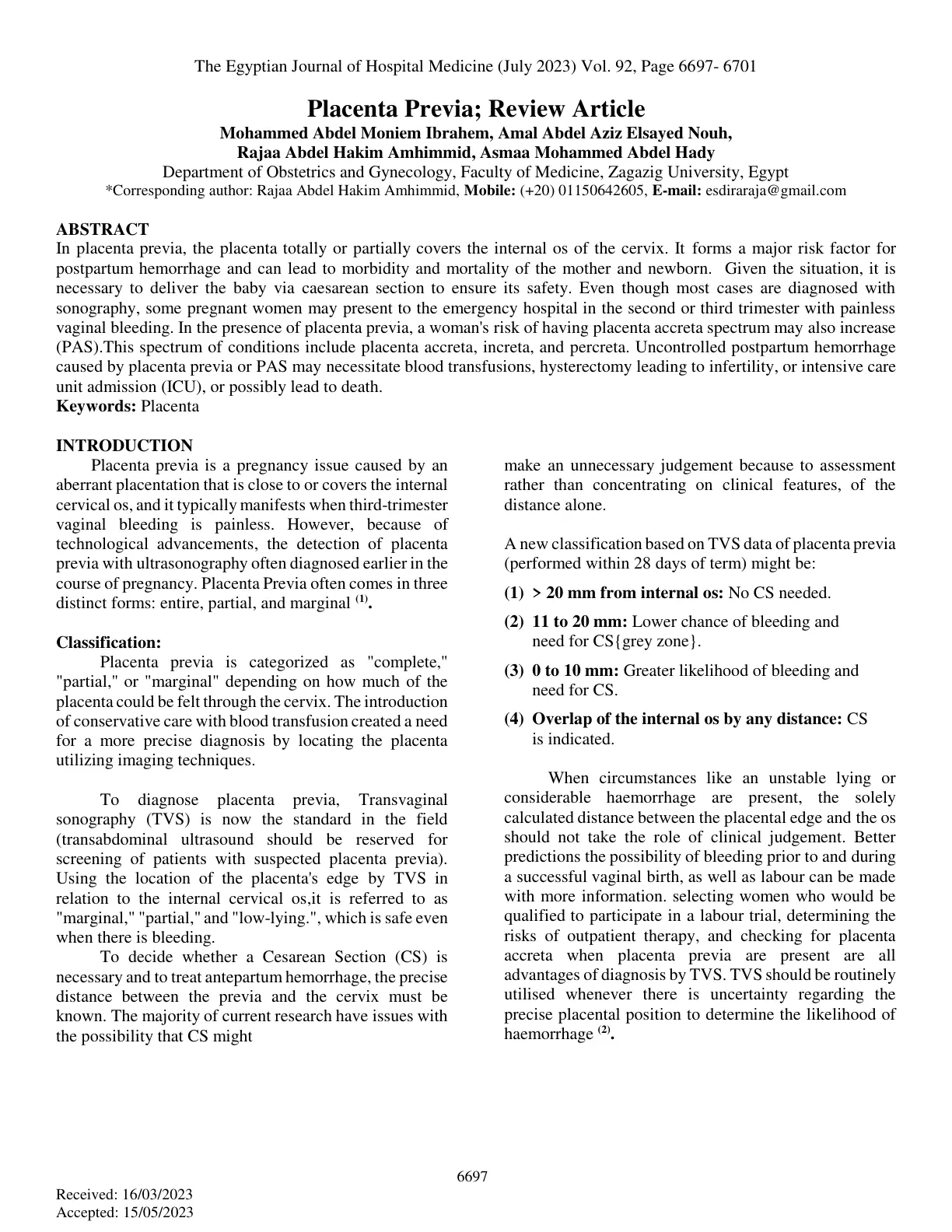 غلاف تقرير Placenta Previa; Review Article