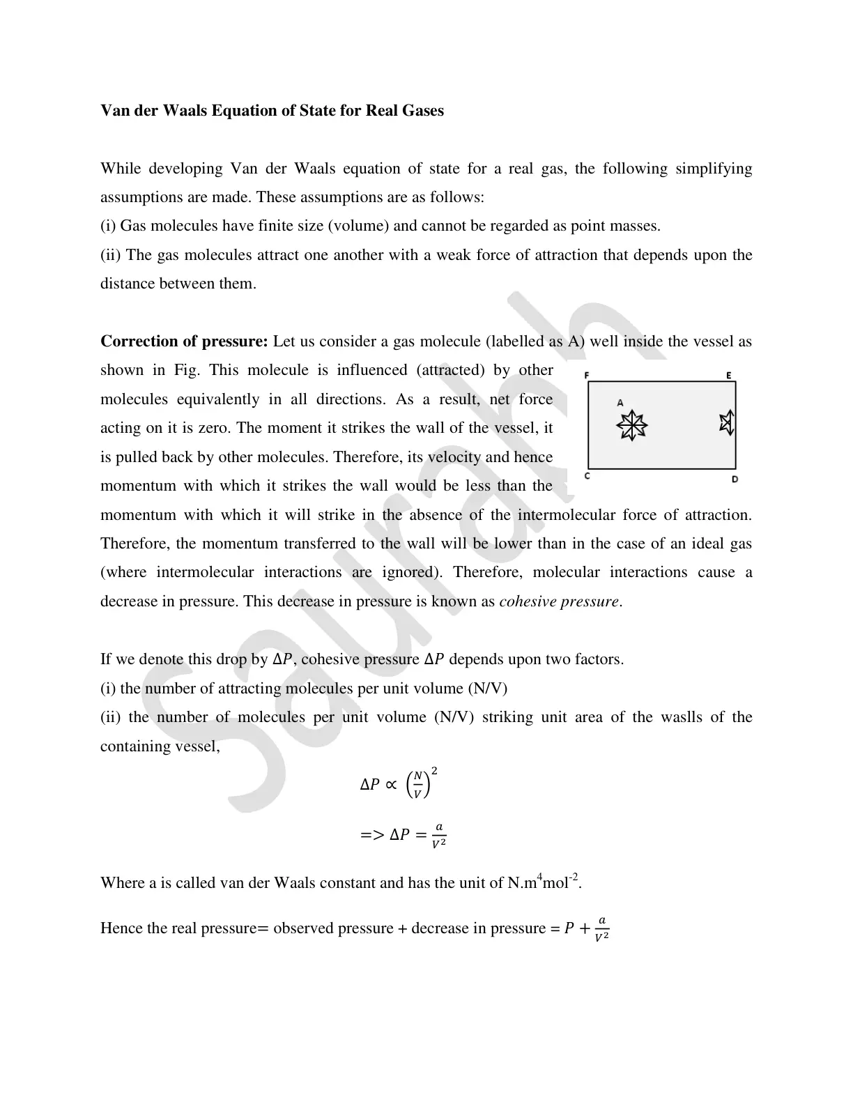 غلاف تقرير Van der Waals Equation of State for Real Gases