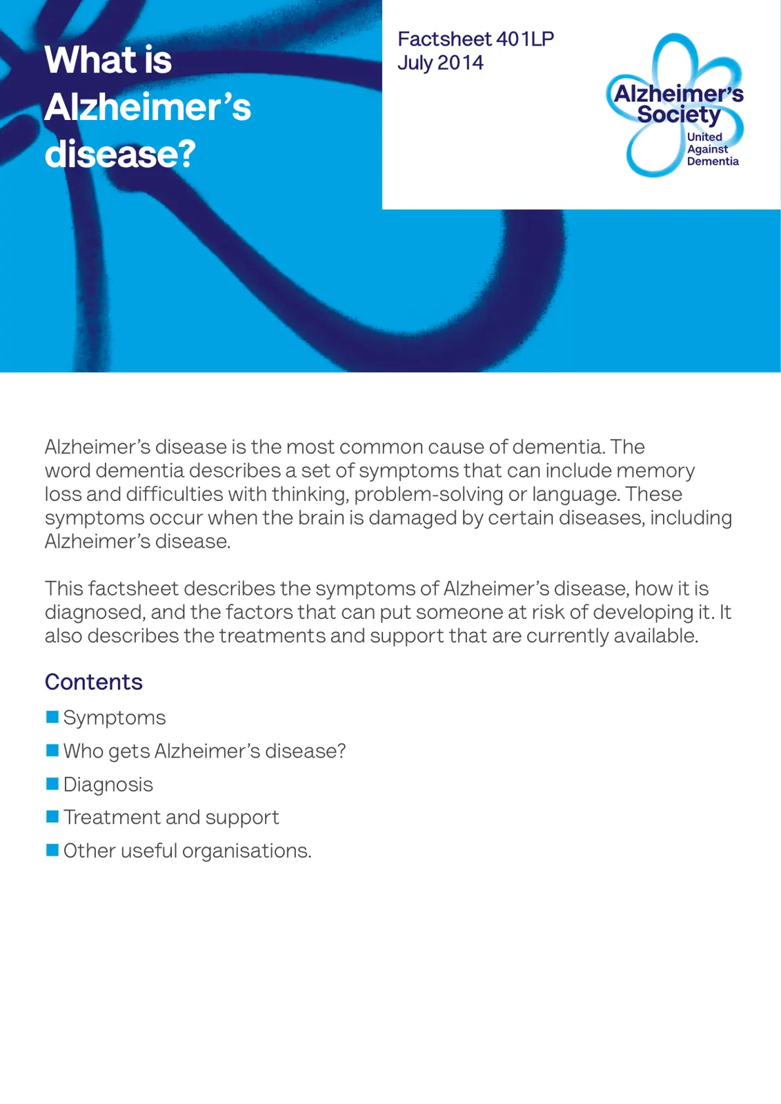 غلاف تقرير What is Alzheimer's disease? (Factsheet 401LP)