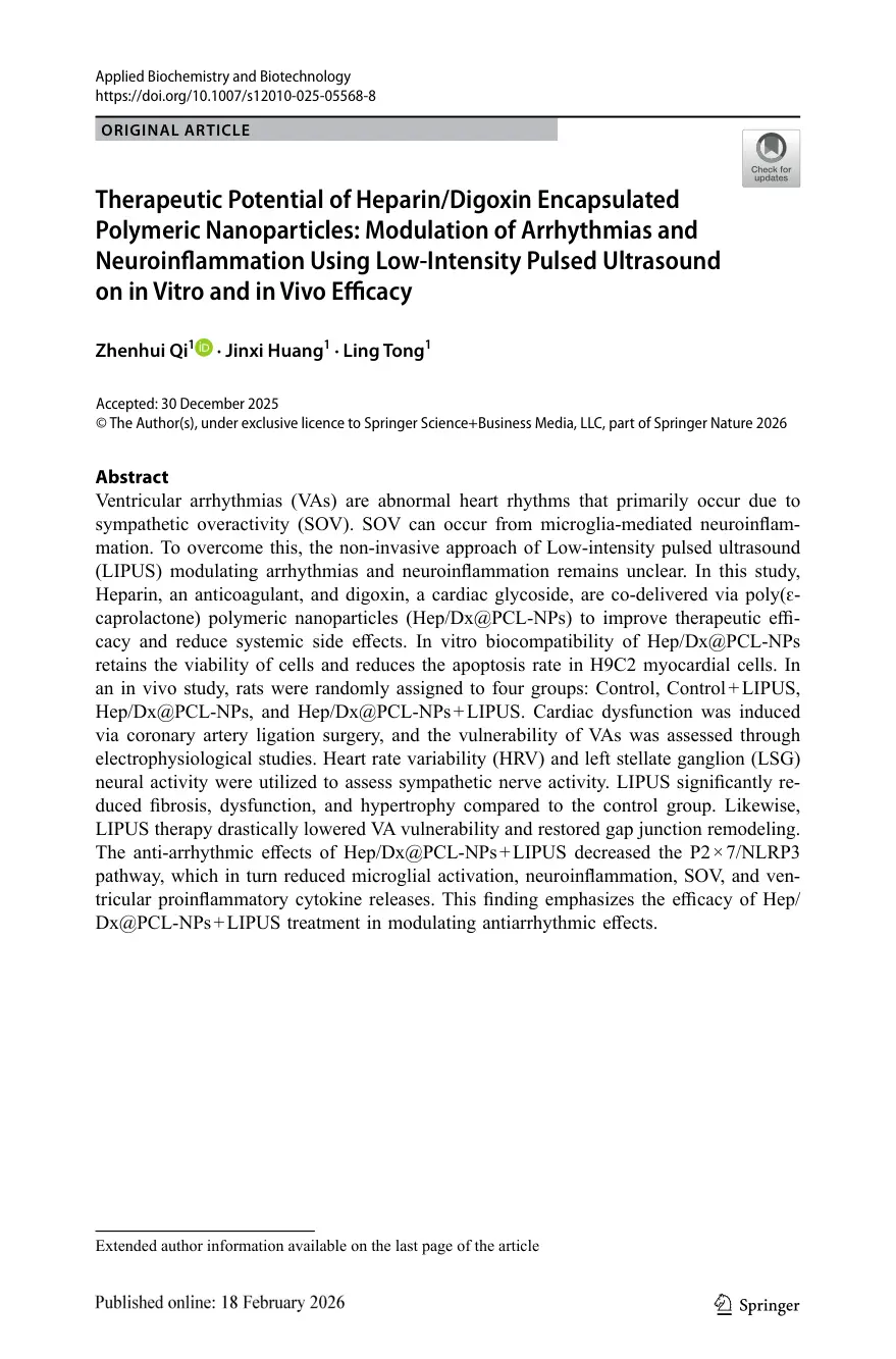 غلاف تقرير Therapeutic Potential of Heparin/Digoxin Encapsulated Polymeric Nanoparticles: Modulation of Arrhythmias and Neuroinflammation Using Low-Intensity Pulsed Ultrasound on in Vitro and in Vivo Efficacy