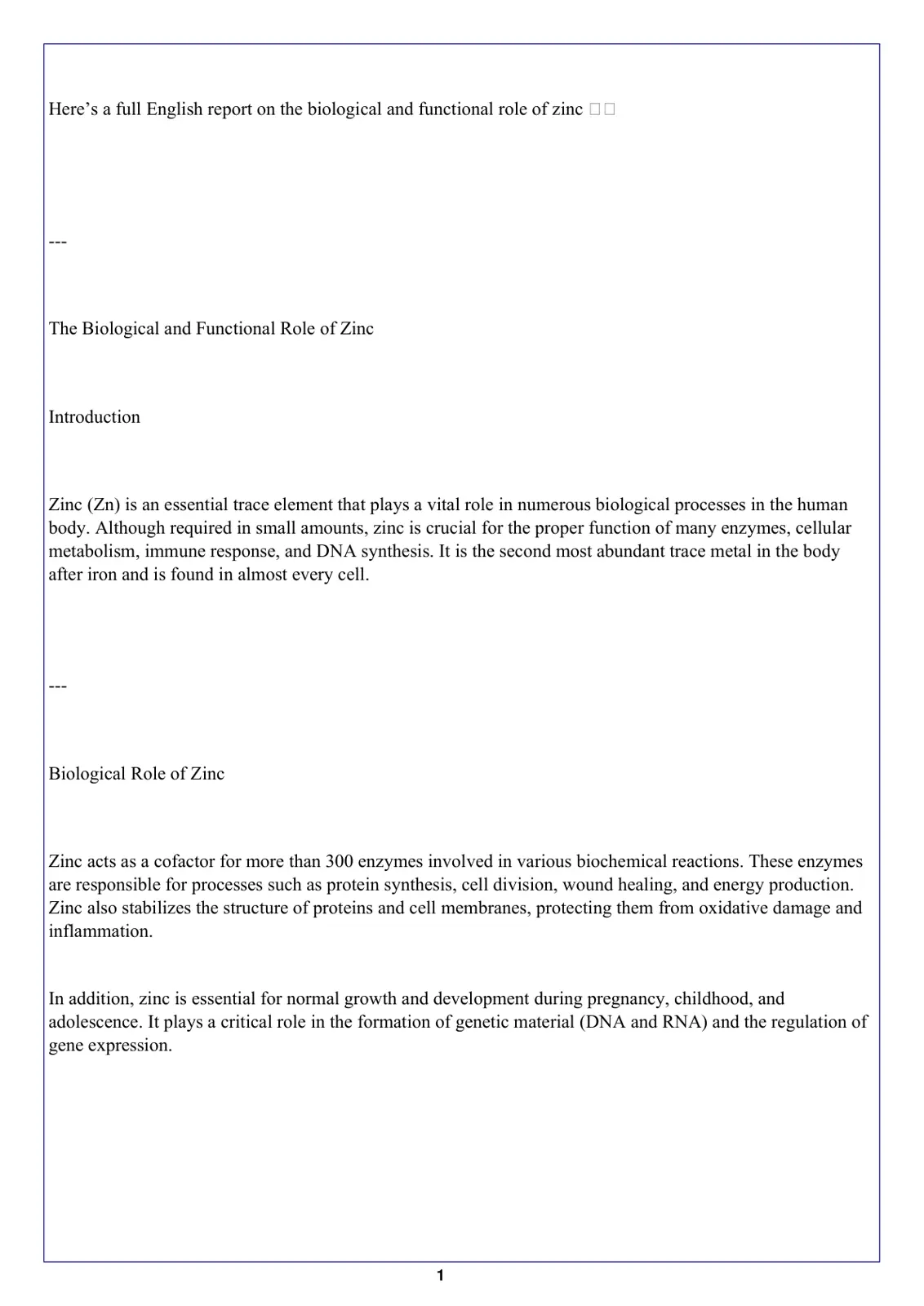 غلاف تقرير The Biological and Functional Role of Zinc