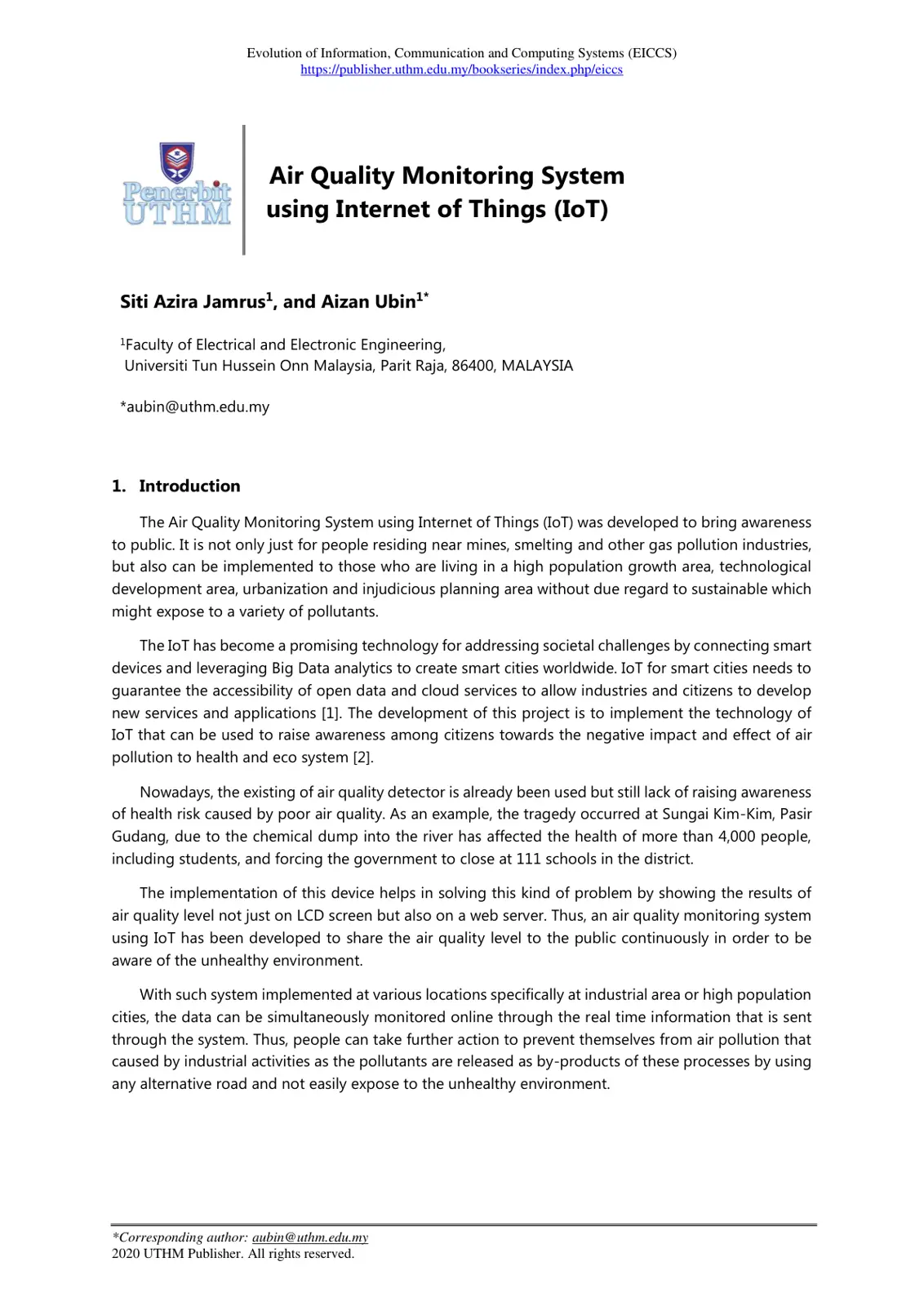 غلاف تقرير Air Quality Monitoring System using Internet of Things (IoT)