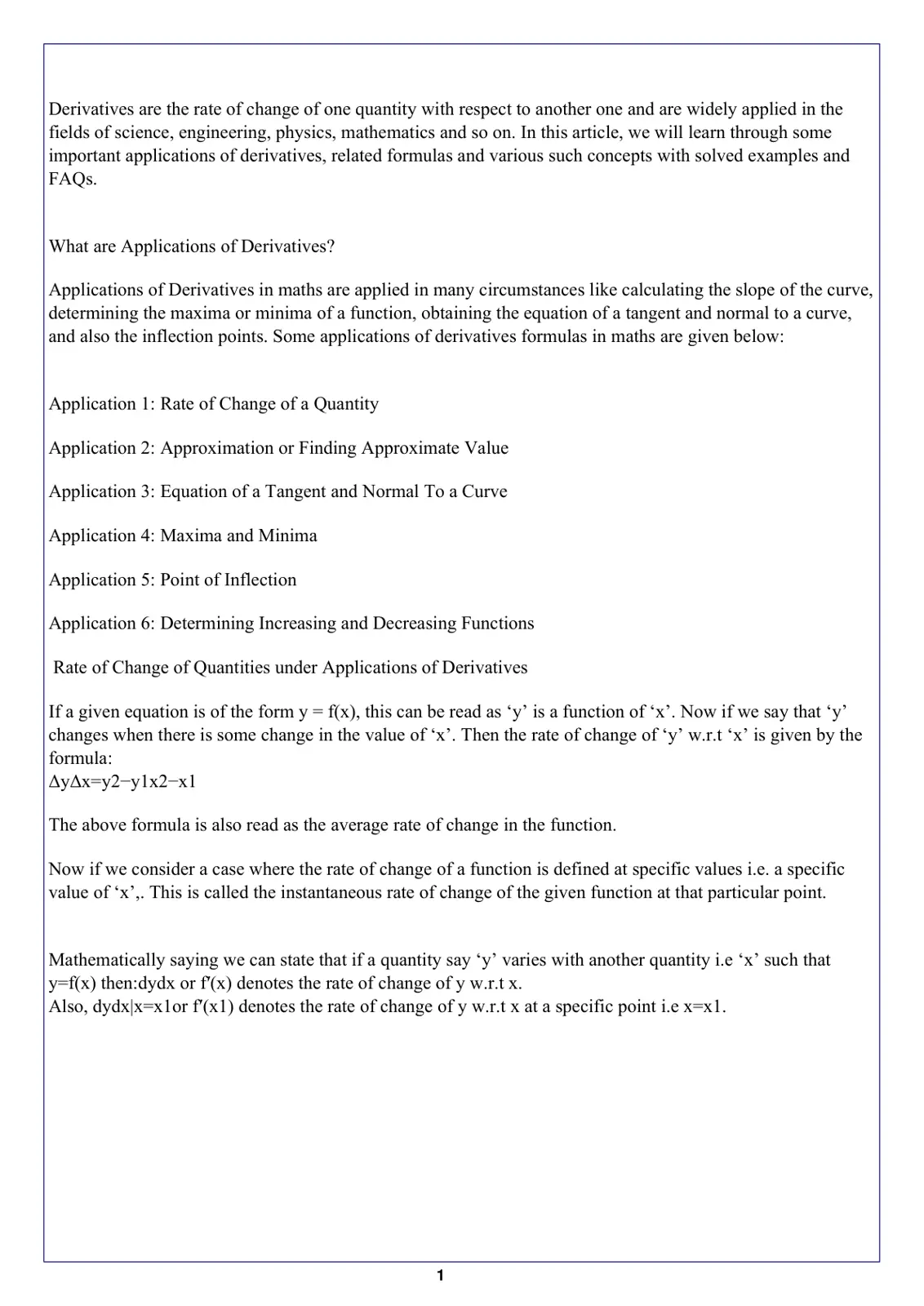 غلاف تقرير Applications of Derivatives