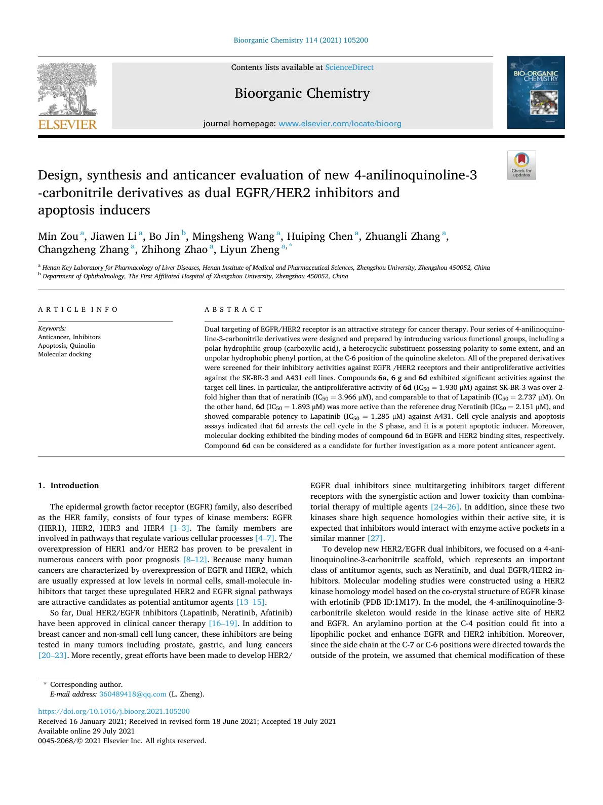 غلاف تقرير Design, synthesis and anticancer evaluation of new 4-anilinoquinoline-3-carbonitrile derivatives as dual EGFR/HER2 inhibitors and apoptosis inducers