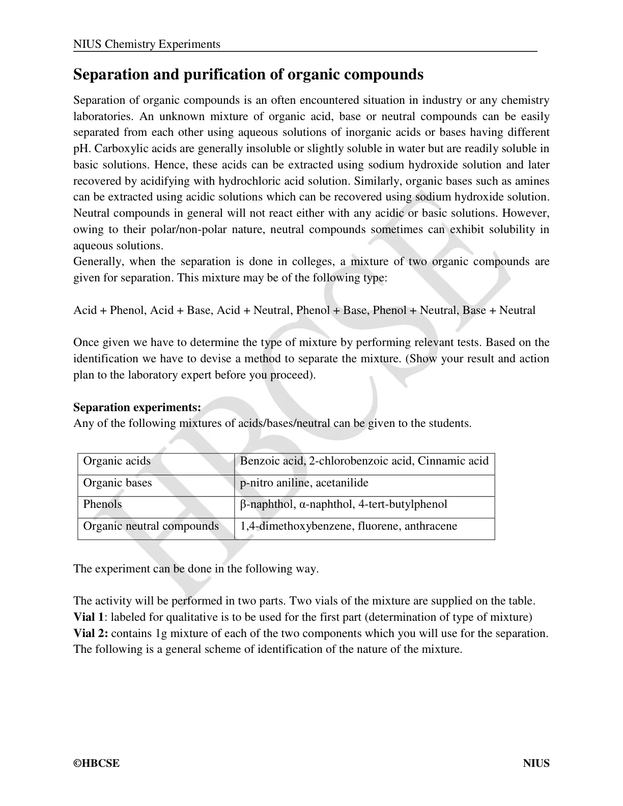 غلاف تقرير NIUS Chemistry Experiments Separation and purification of organic compounds