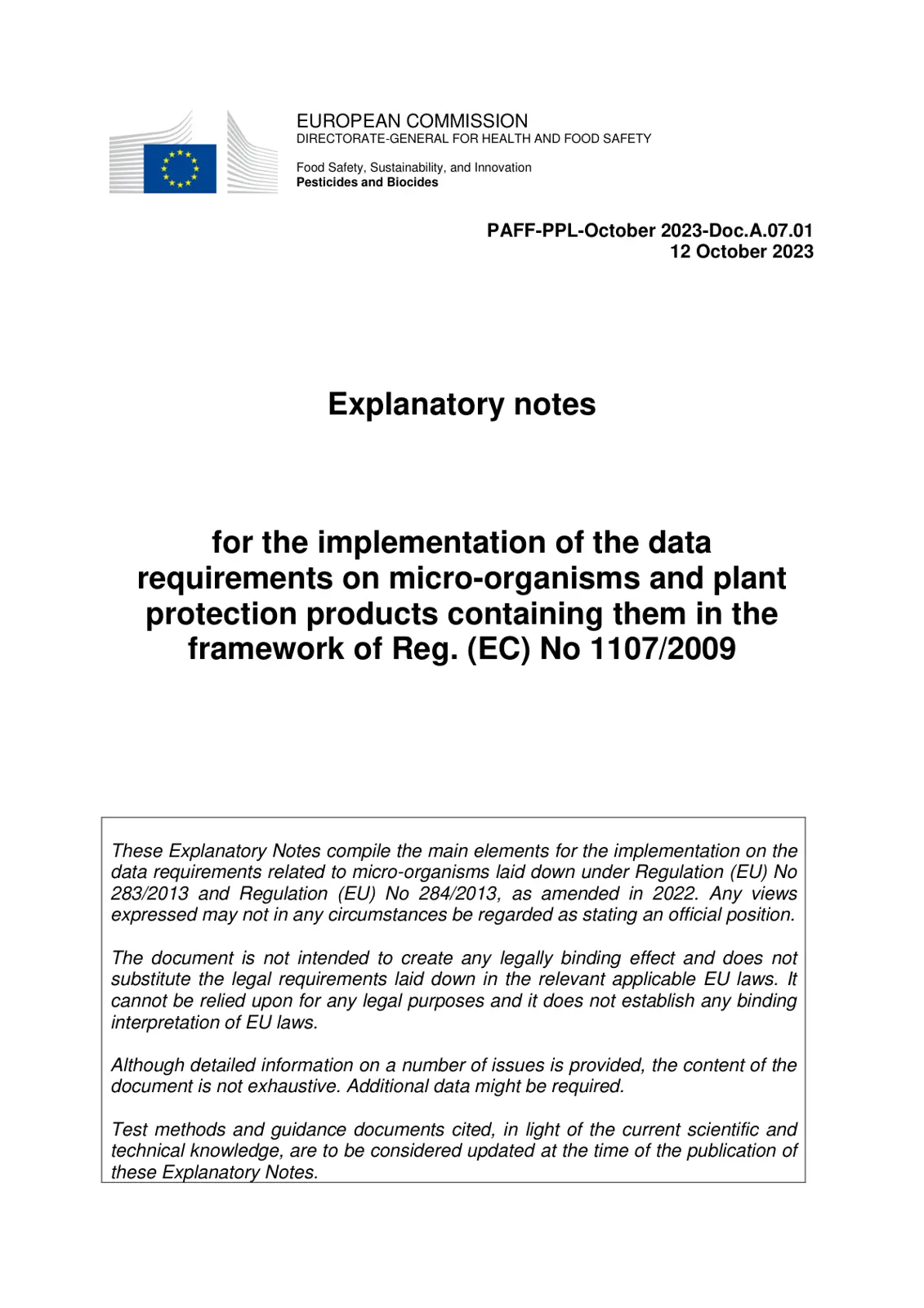 غلاف تقرير Explanatory Notes for the Implementation of the Data Requirements on Micro-organisms and Plant Protection Products Containing Them in the Framework of Regulation (EC) No 1107/2009