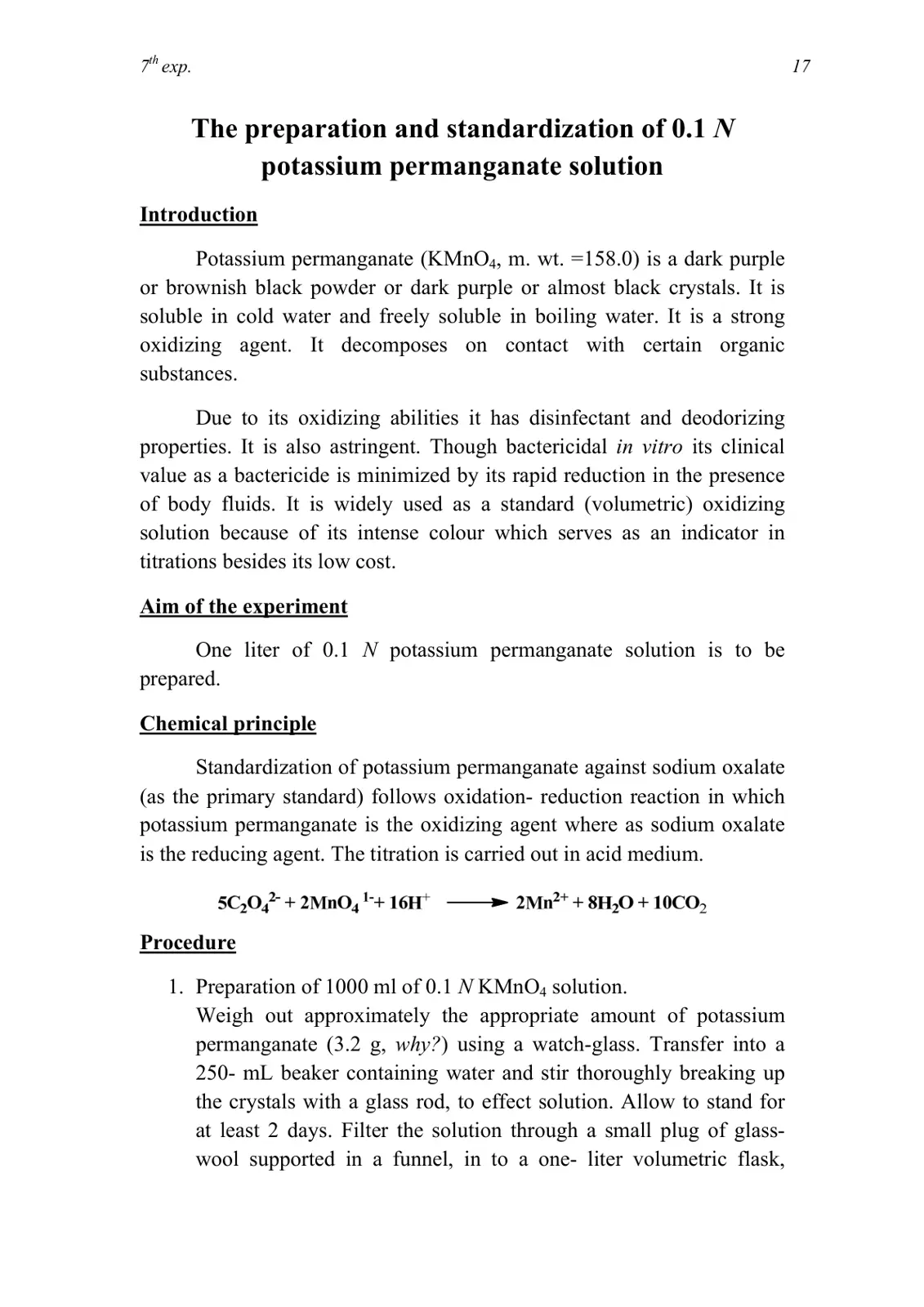 غلاف تقرير The Preparation and Standardization of 0.1 N Potassium Permanganate Solution