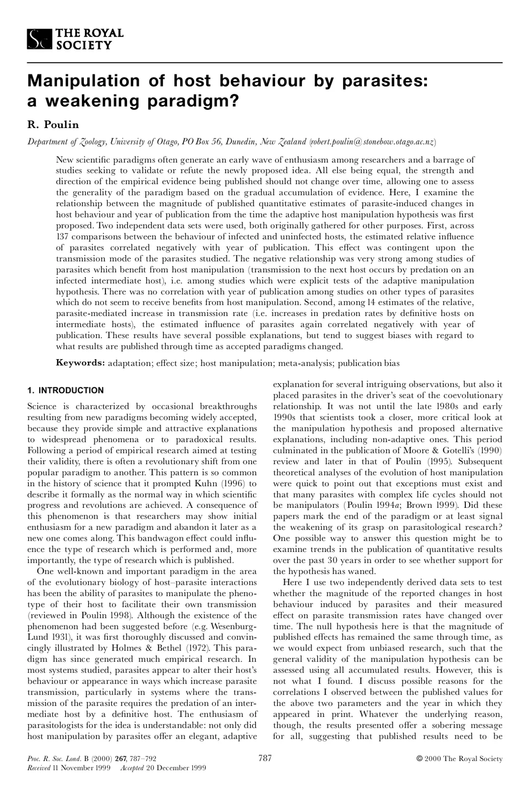 غلاف تقرير Manipulation of host behaviour by parasites:
a weakening paradigm?