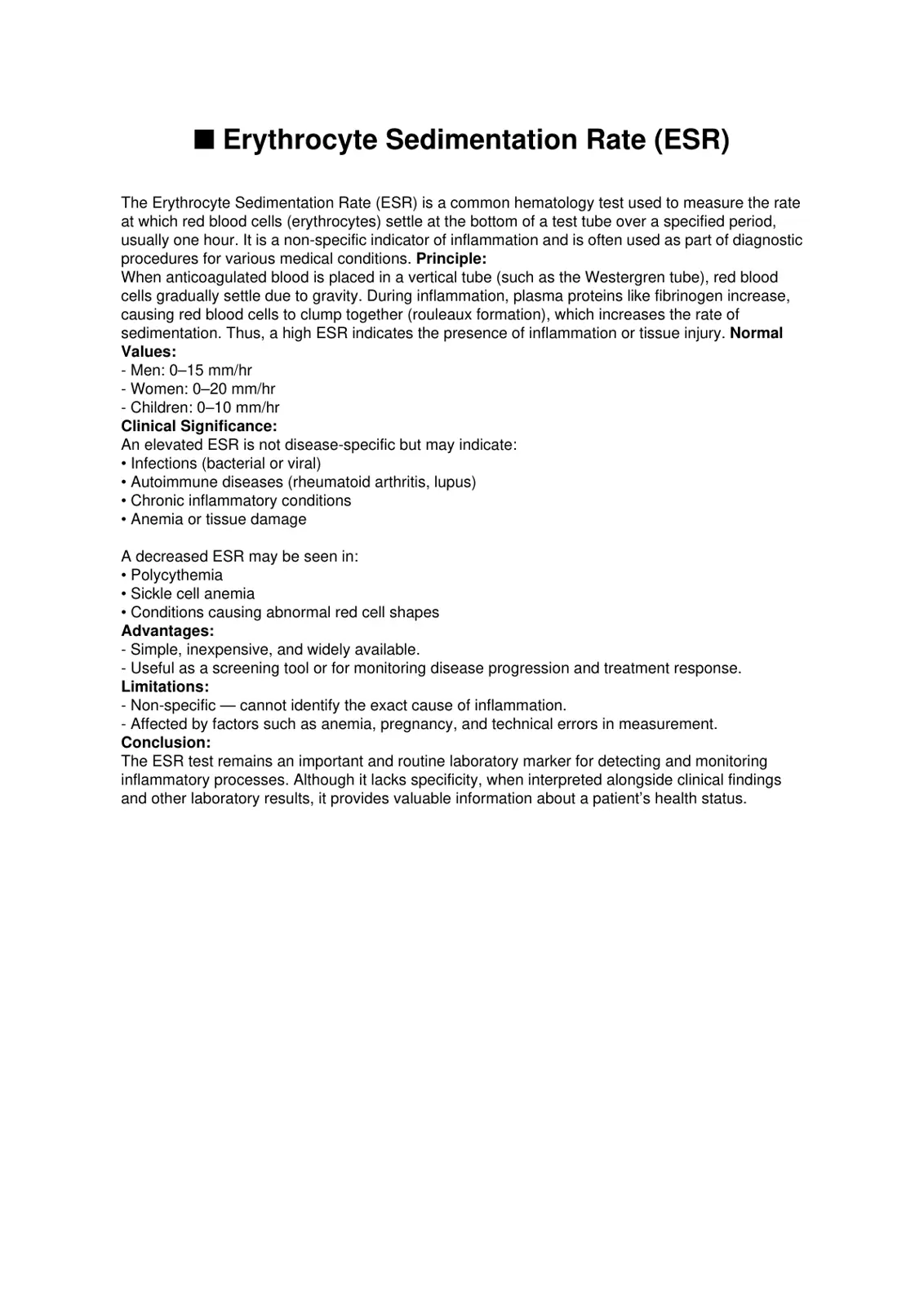 غلاف تقرير Erythrocyte Sedimentation Rate (ESR)