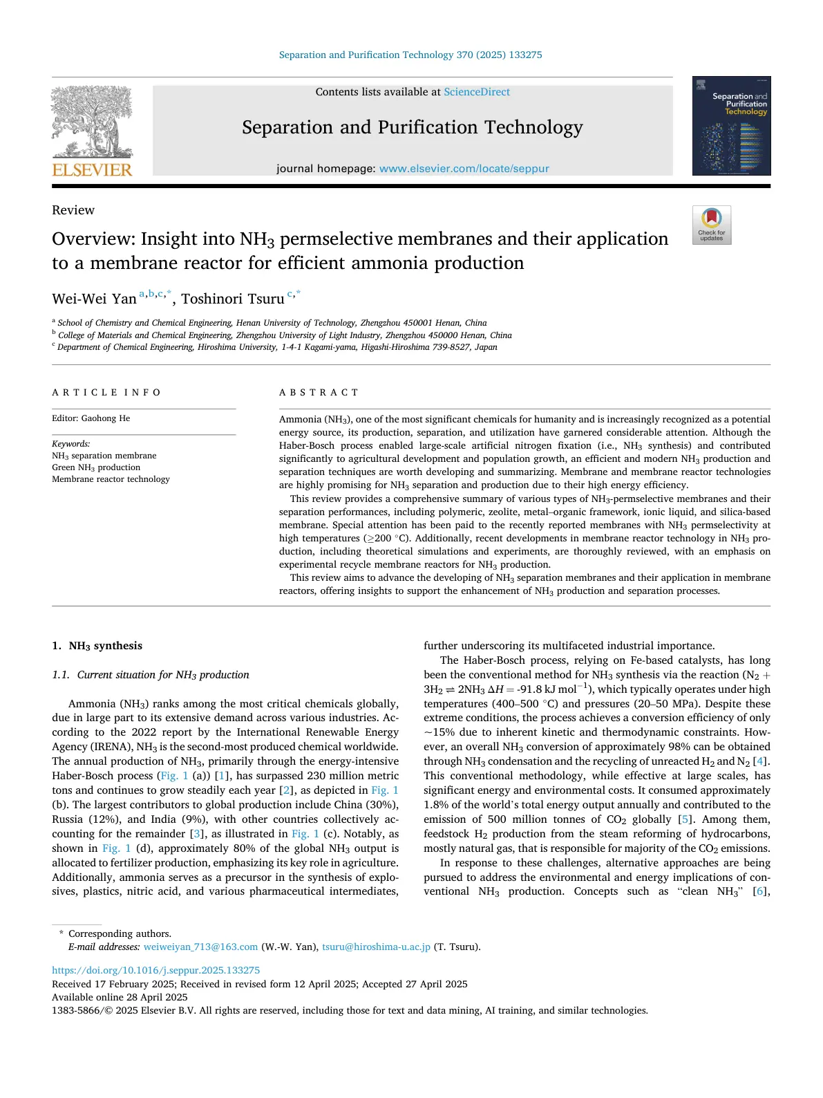 غلاف تقرير Overview: Insight into NH3 permselective membranes and their application to a membrane reactor for efficient ammonia production