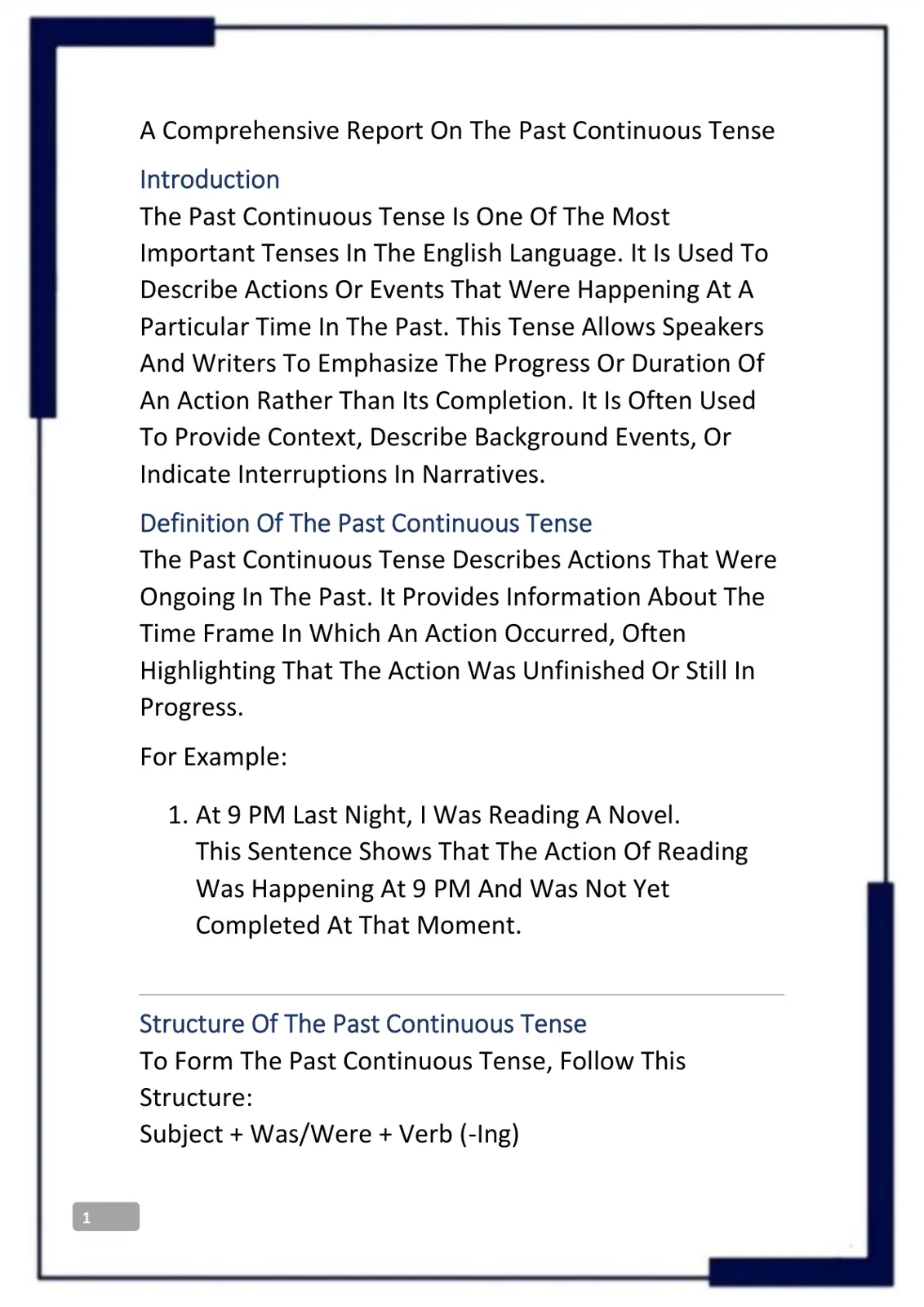غلاف تقرير A Comprehensive Report On The Past Continuous Tense