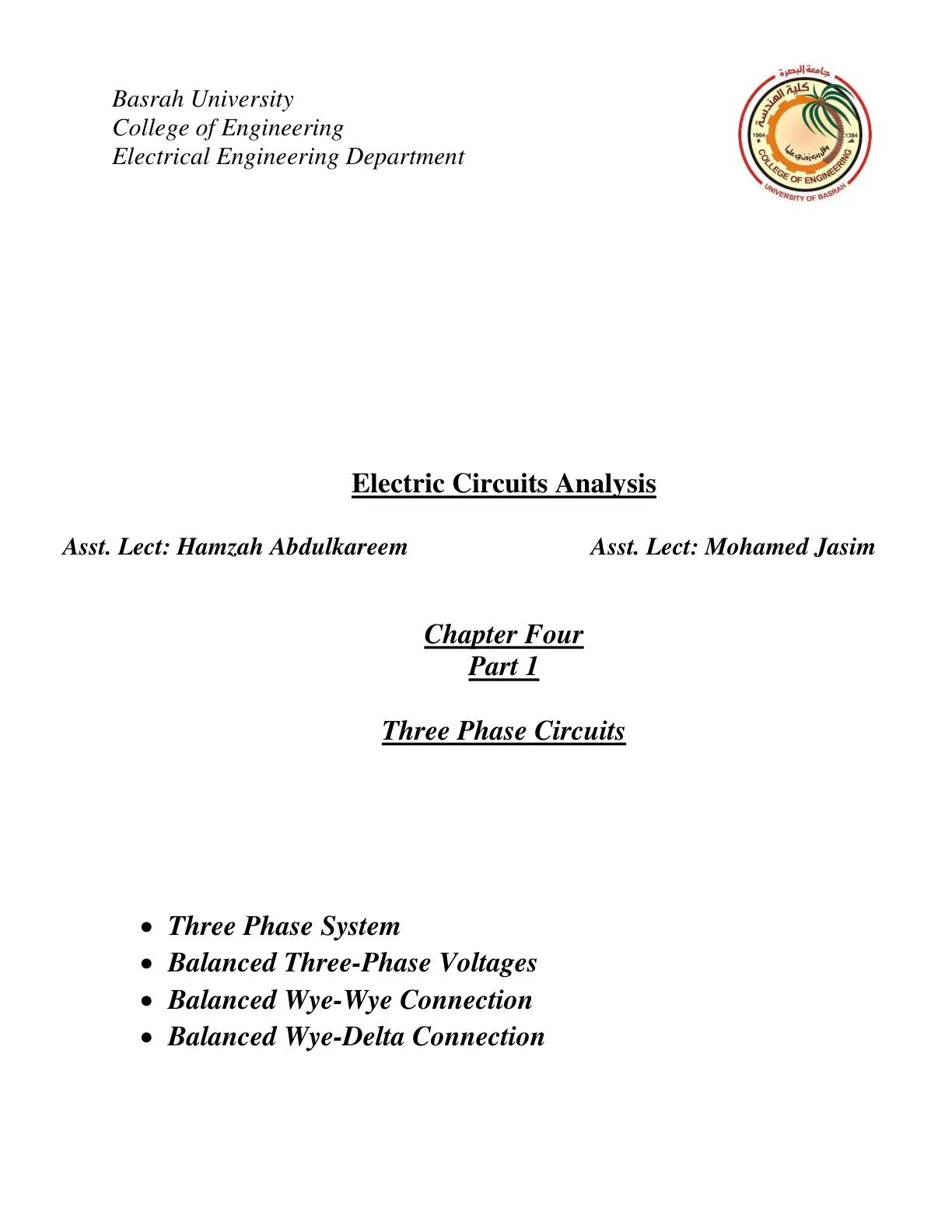غلاف تقرير Electric Circuits Analysis: Chapter Four Part 1 Three Phase Circuits
