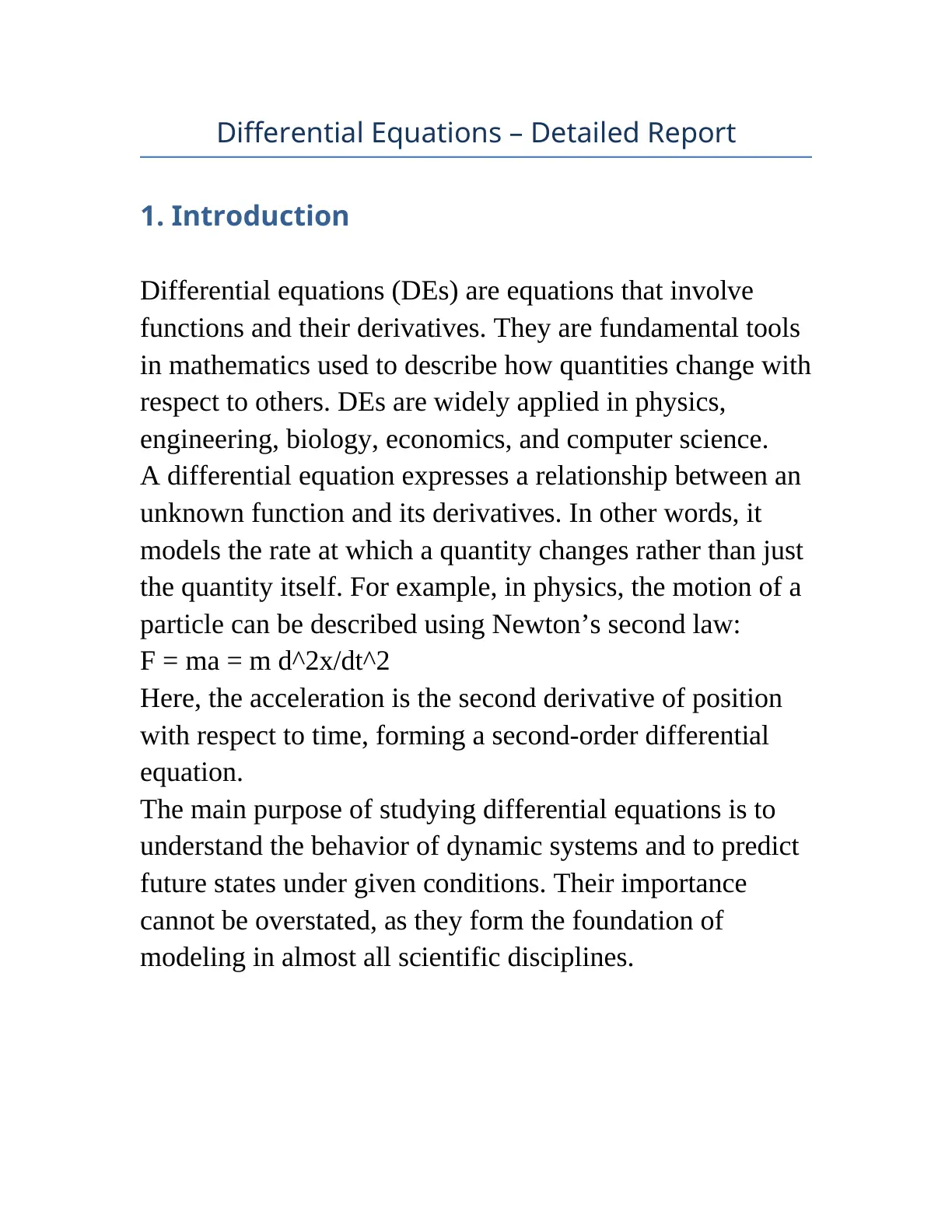 غلاف تقرير Differential Equations - Detailed Report