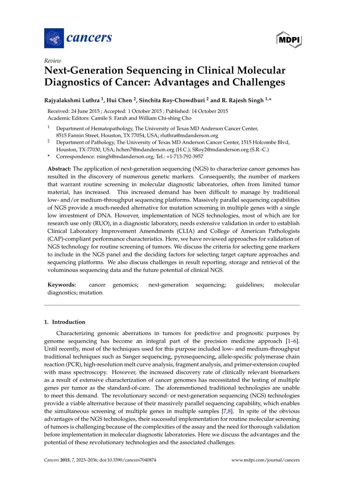 غلاف تقرير Next-Generation Sequencing in Clinical Molecular Diagnostics of Cancer: Advantages and Challenges