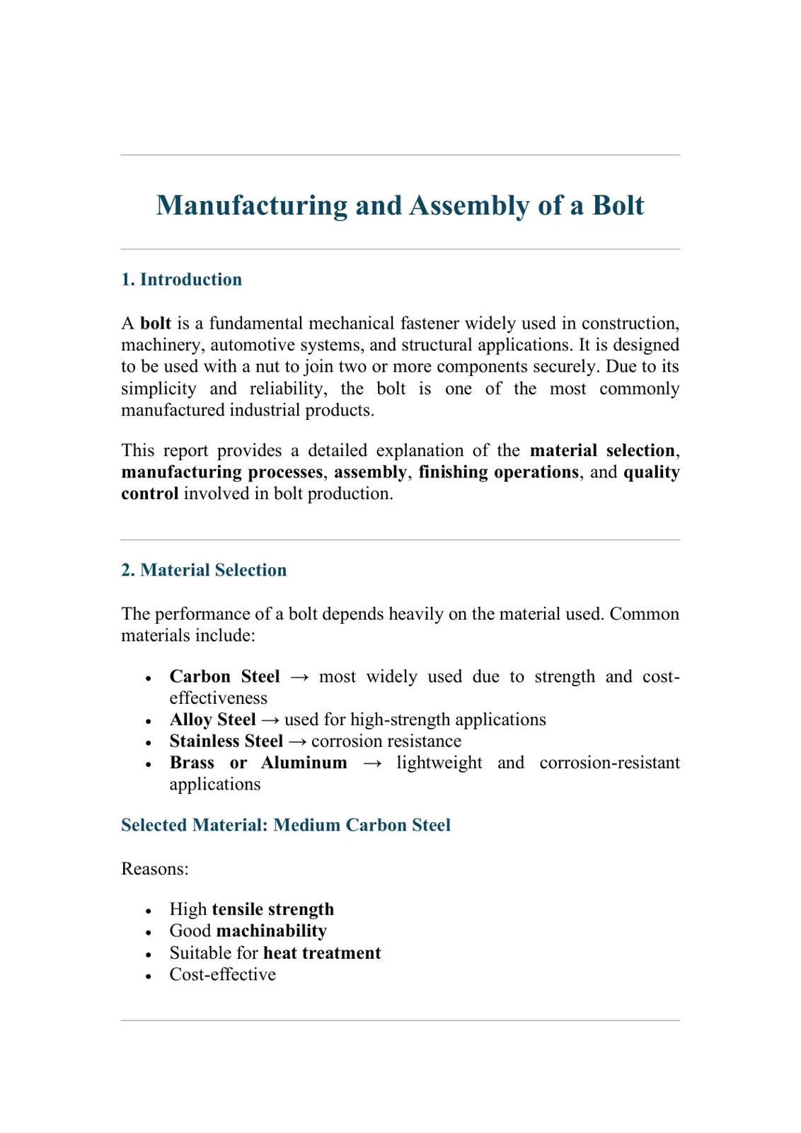 غلاف تقرير Manufacturing and Assembly of a Bolt