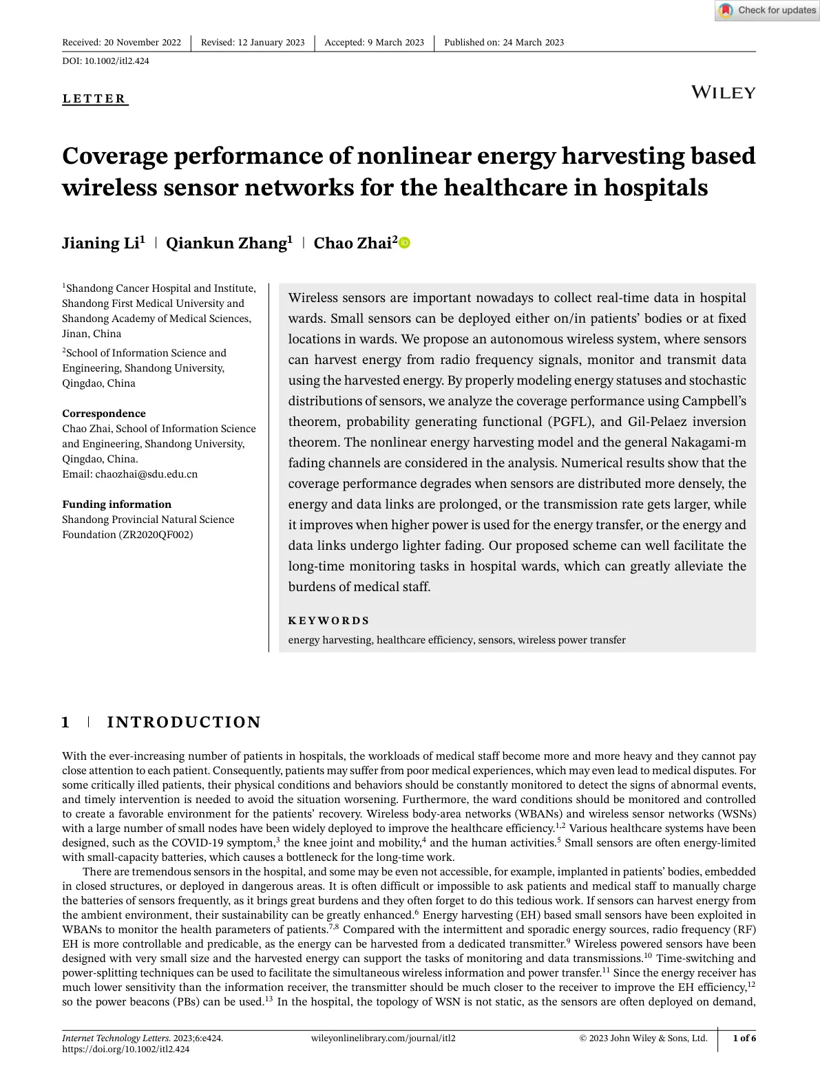 غلاف تقرير Coverage performance of nonlinear energy harvesting based wireless sensor networks for the healthcare in hospitals