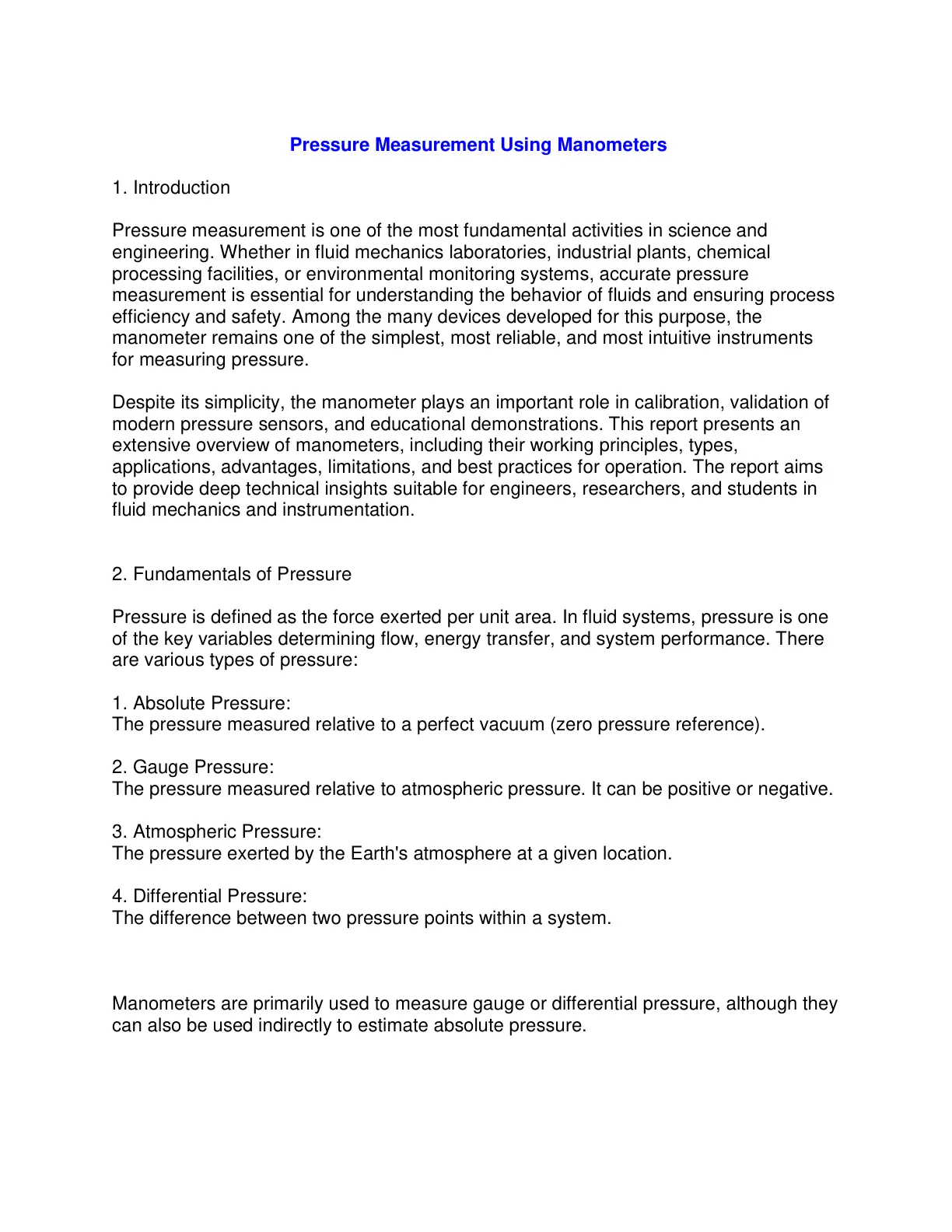 غلاف تقرير Pressure Measurement Using Manometers