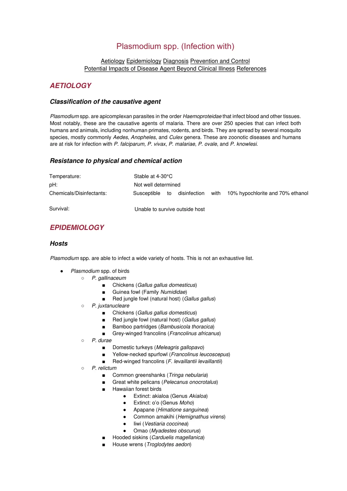 غلاف تقرير Plasmodium spp. (Infection with) Aetiology Epidemiology Diagnosis Prevention and Control