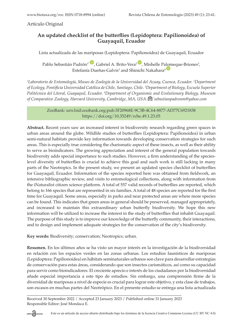 غلاف تقرير An updated checklist of the butterflies (Lepidoptera: Papilionoidea) of Guayaquil, Ecuador