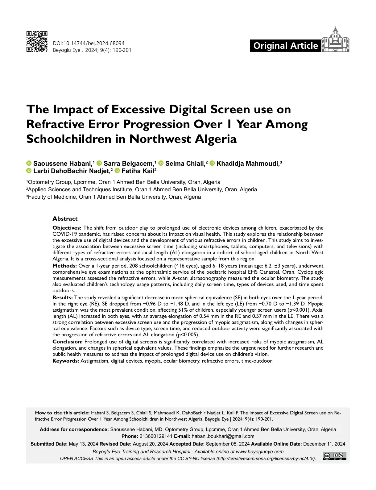 غلاف تقرير The Impact of Excessive Digital Screen use on Refractive Error Progression Over 1 Year Among Schoolchildren in Northwest Algeria