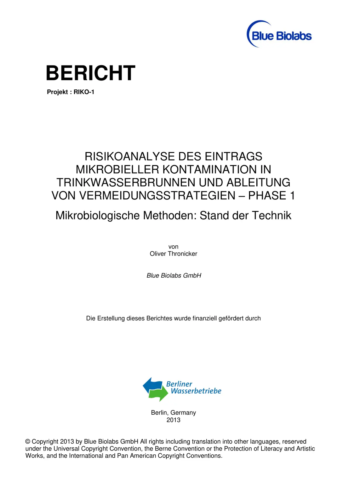 غلاف تقرير RISIKOANALYSE DES EINTRAGS MIKROBIELLER KONTAMINATION IN TRINKWASSERBRUNNEN UND ABLEITUNG VON VERMEIDUNGSSTRATEGIEN - PHASE 1