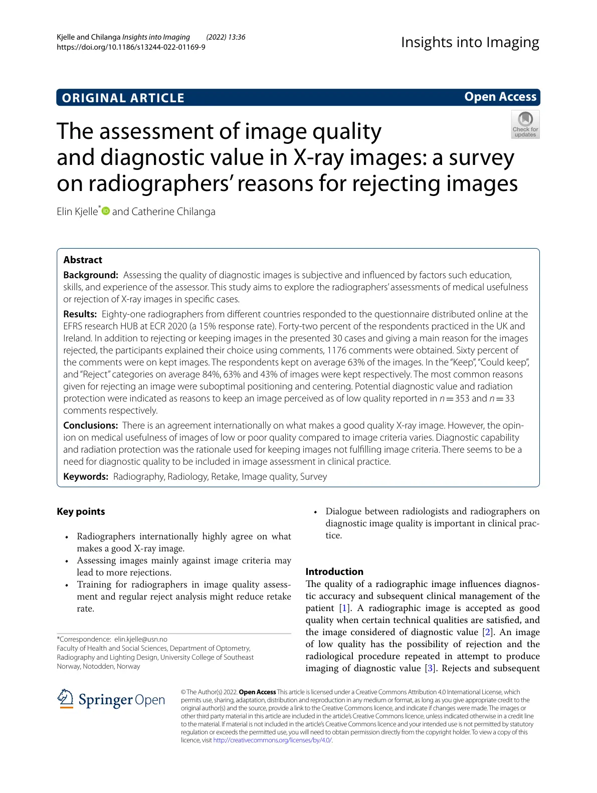 غلاف تقرير The Assessment of Image Quality and Diagnostic Value in X-ray Images: A Survey on Radiographers' Reasons for Rejecting Images