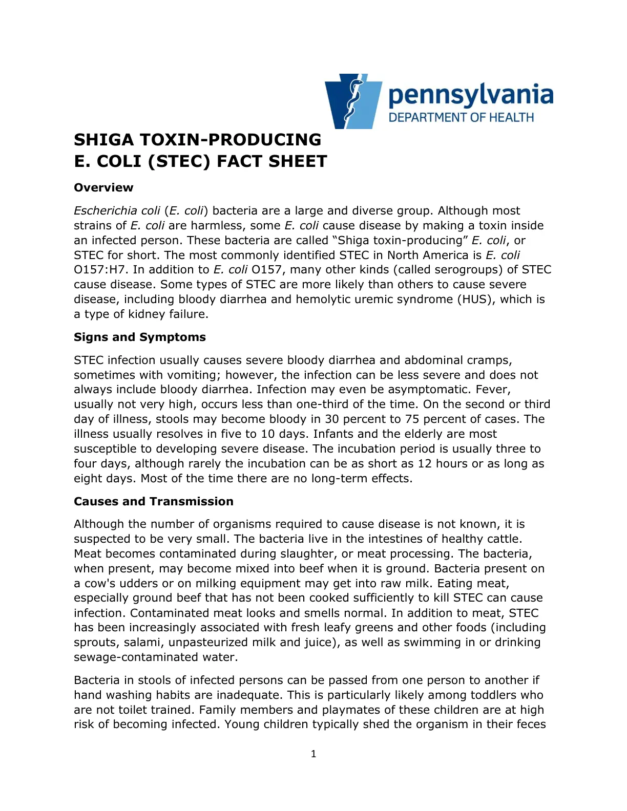 غلاف تقرير SHIGA TOXIN-PRODUCING E. COLI (STEC) FACT SHEET