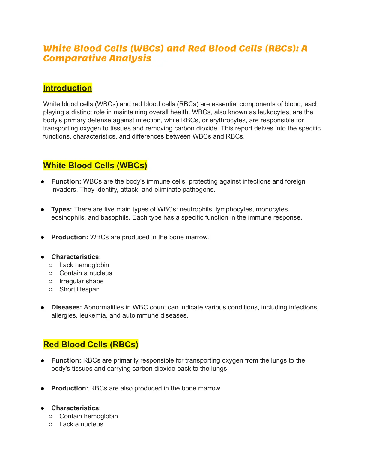 غلاف تقرير White Blood Cells (WBCs) and Red Blood Cells (RBCs): A Comparative Analysis