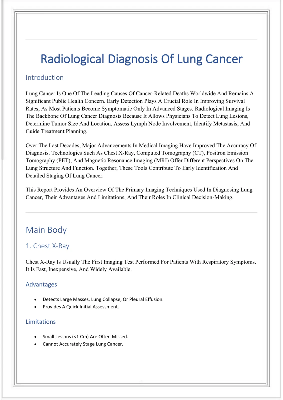 غلاف تقرير Radiological Diagnosis Of Lung Cancer