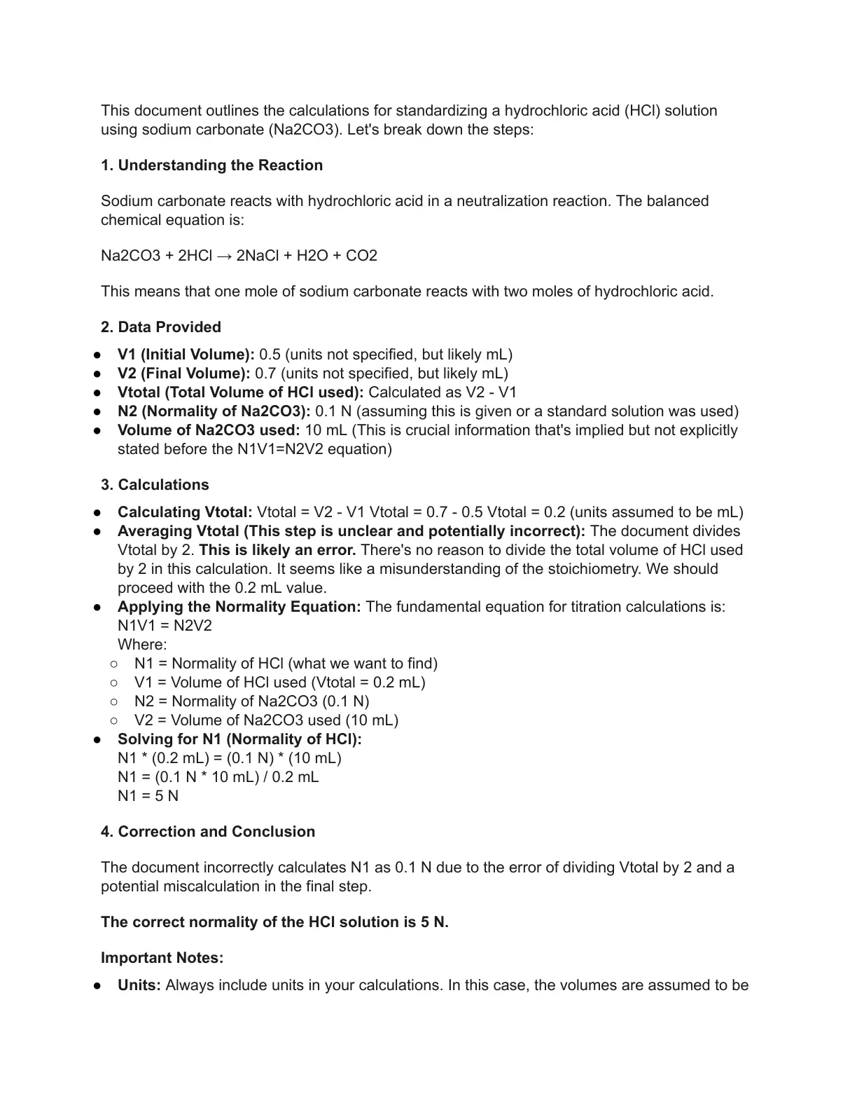 غلاف تقرير Calculations for standardizing a hydrochloric acid (HCI) solution using sodium carbonate (Na2CO3)