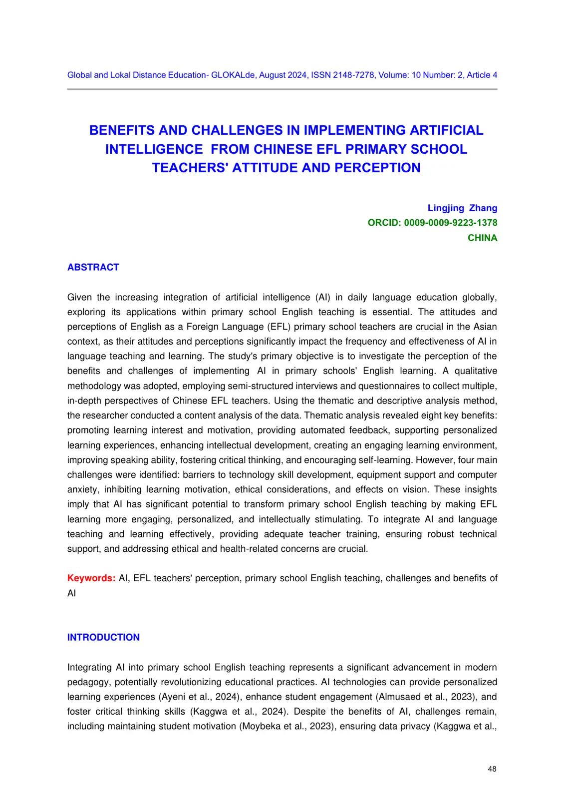 غلاف تقرير Benefits and Challenges in Implementing Artificial Intelligence from Chinese EFL Primary School Teachers' Attitude and Perception