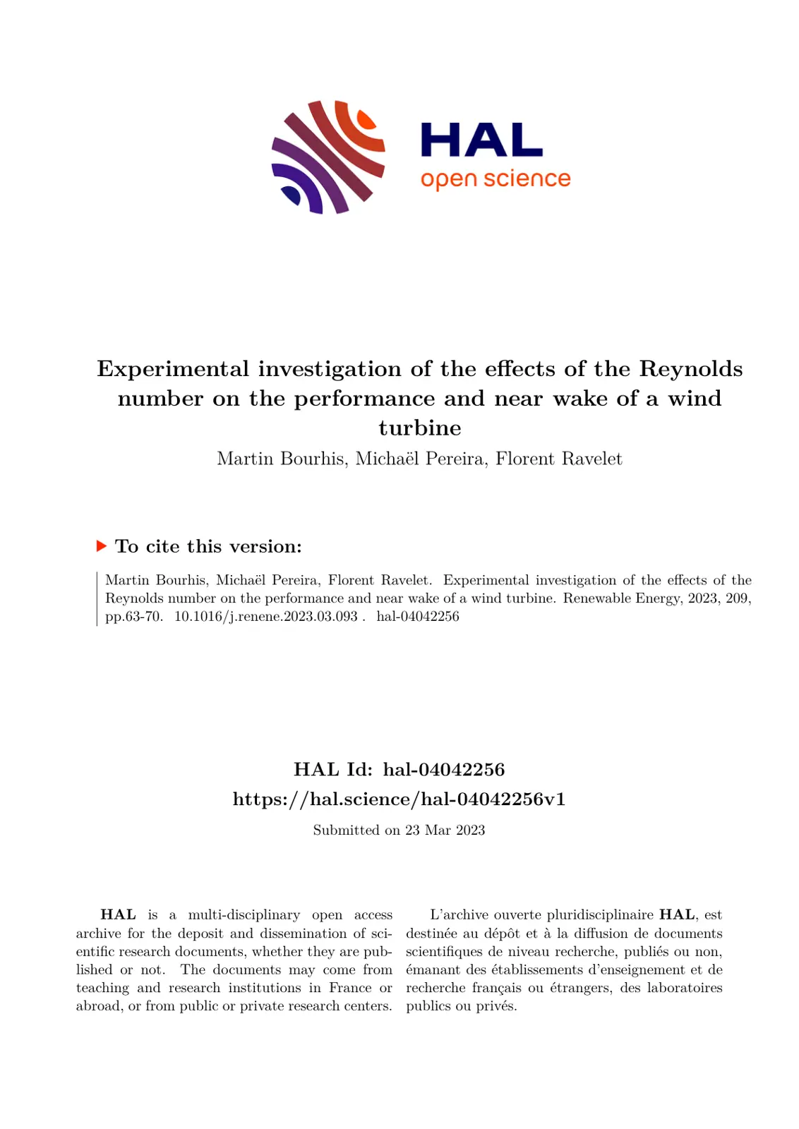 غلاف تقرير Experimental investigation of the effects of the Reynolds number on the performance and near wake of a wind turbine