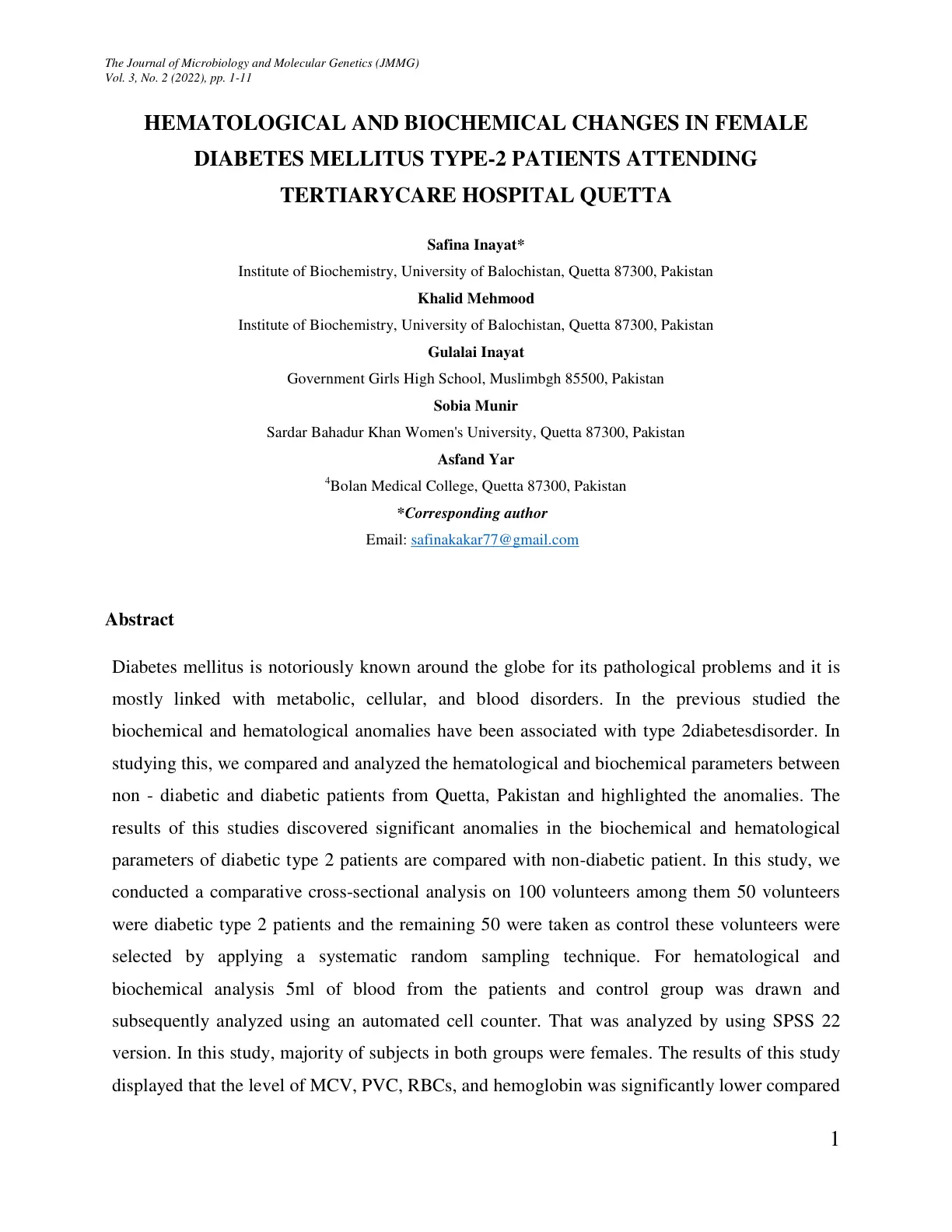 غلاف تقرير Hematological and Biochemical Changes in Female Diabetes Mellitus Type-2 Patients Attending Tertiary Care Hospital Quetta