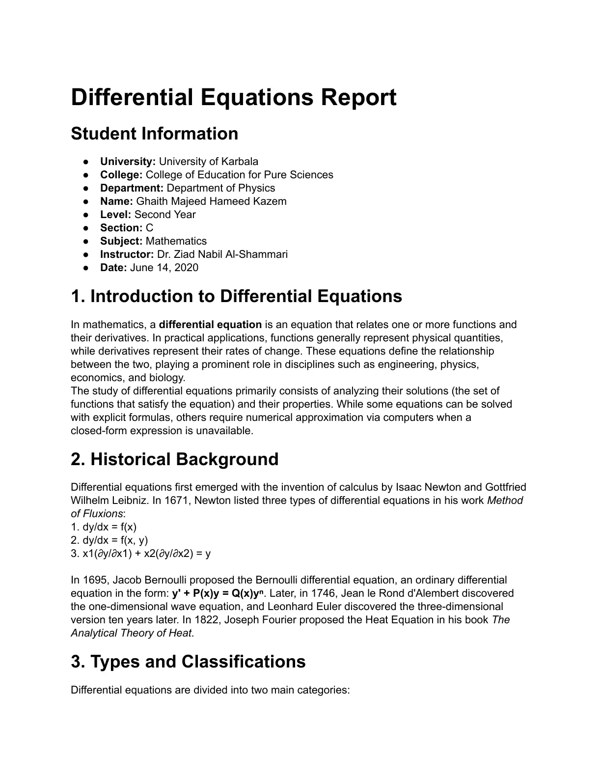 غلاف تقرير Differential Equations Report