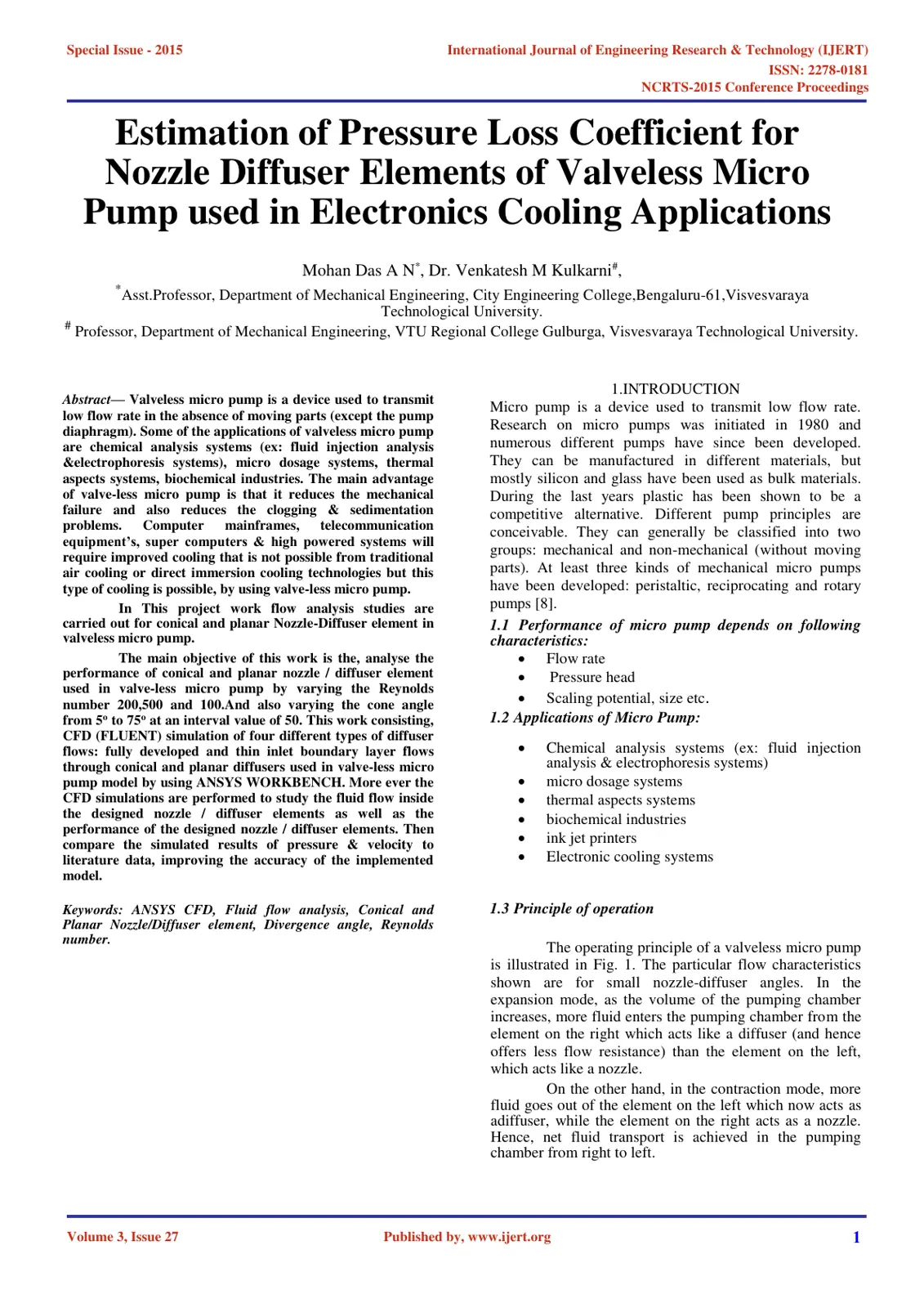 غلاف تقرير Estimation of Pressure Loss Coefficient for Nozzle Diffuser Elements of Valveless Micro Pump used in Electronics Cooling Applications