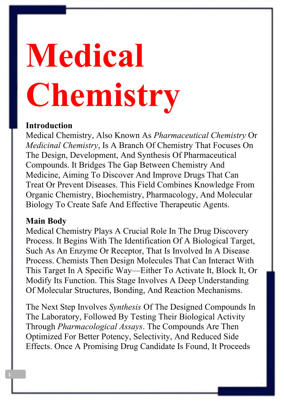 غلاف تقرير Medical Chemistry