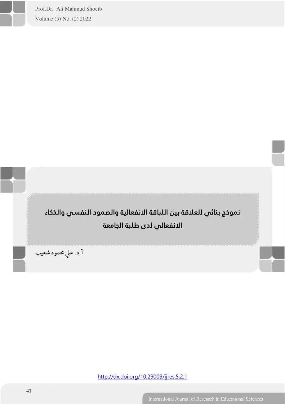 غلاف تقرير نموذج بنائي للعلاقة بين اللباقة الانفعالية والصمود النفسي والذكاء الانفعالي لدى طلبة الجامعة