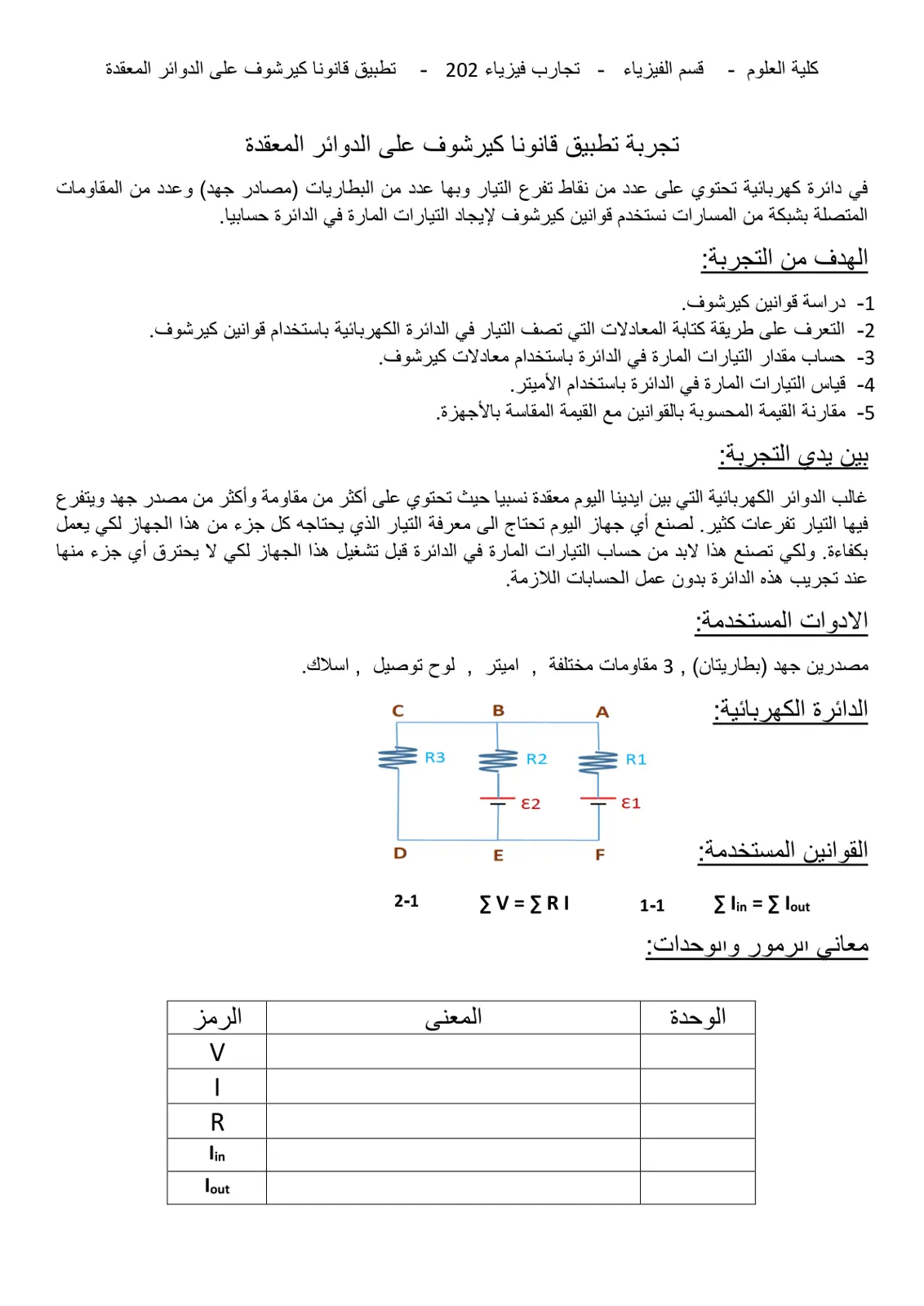 غلاف تقرير تجربة تطبيق قانونا كيرشوف على الدوائر المعقدة