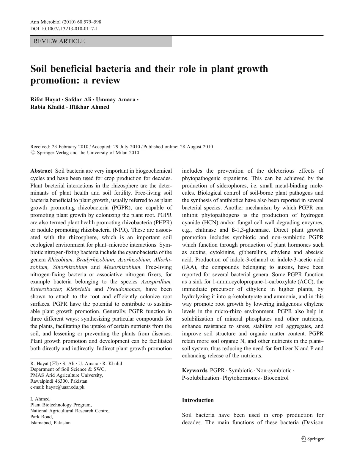 غلاف تقرير Soil beneficial bacteria and their role in plant growth promotion: a review