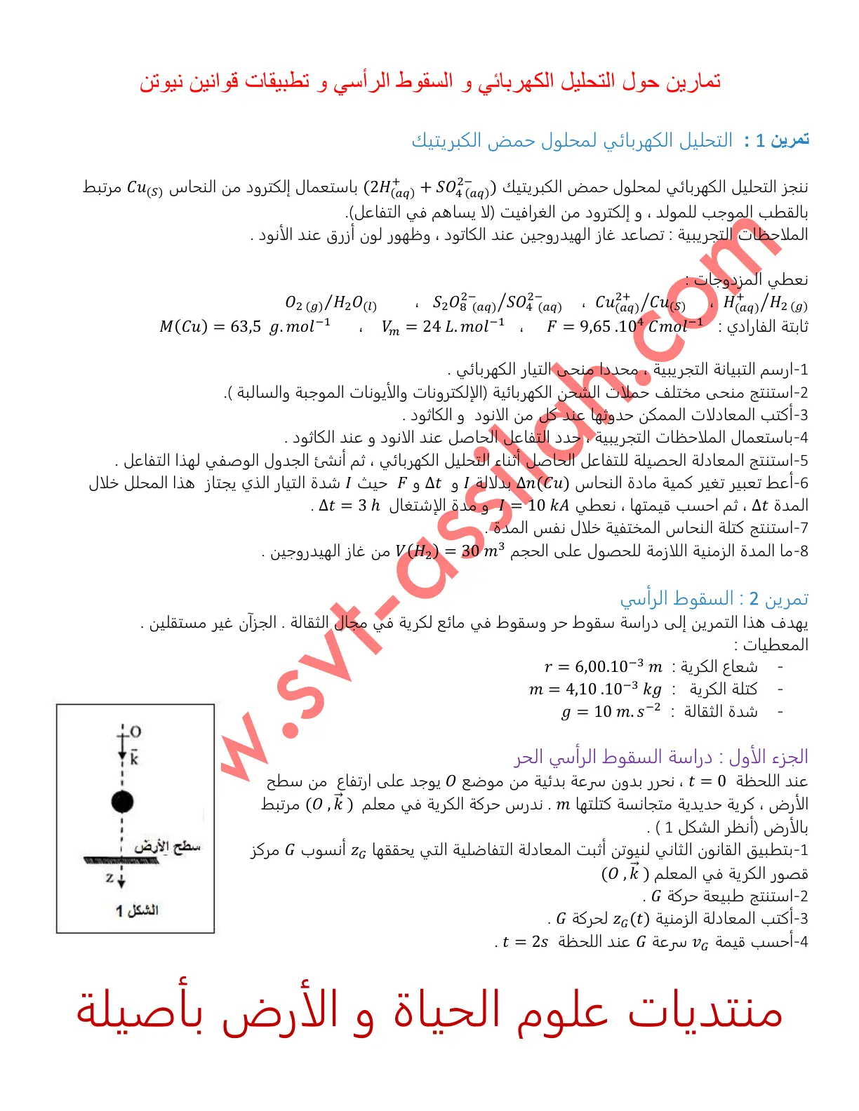 غلاف تقرير تمارين حول التحليل الكهربائي والسقوط الرأسي وتطبيقات قوانين نيوتن