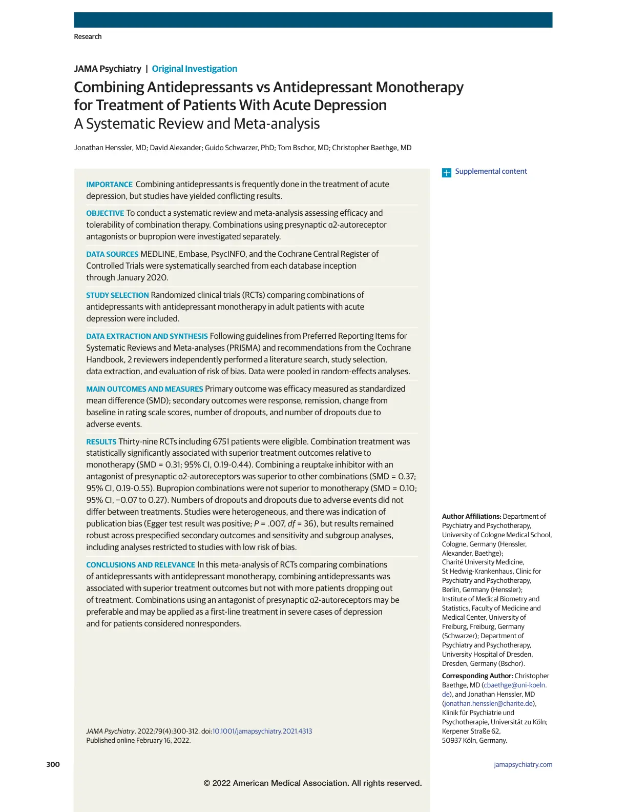 غلاف تقرير Combining Antidepressants vs Antidepressant Monotherapy for Acute Depression: A Systematic Review and Meta-Analysis
