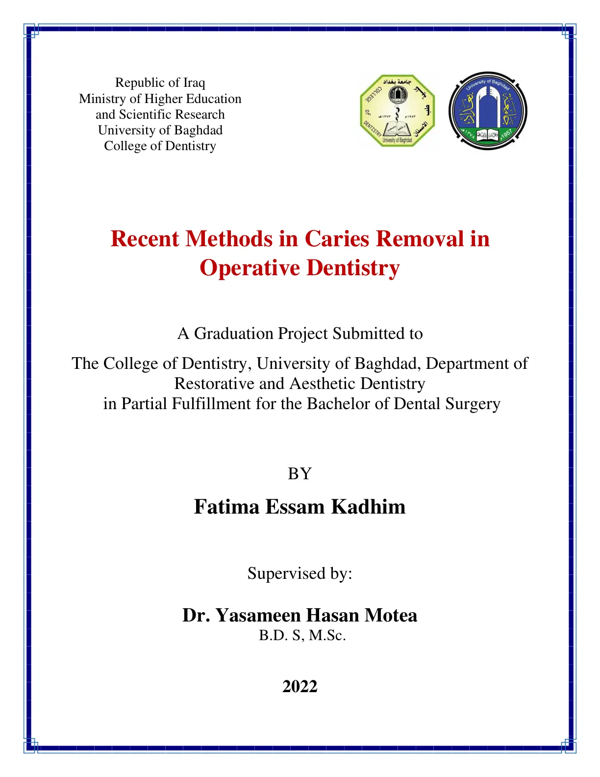 غلاف تقرير Recent Methods in Caries Removal in Operative Dentistry