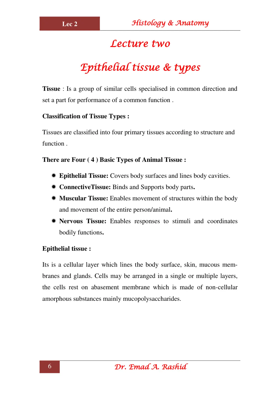 غلاف تقرير Lecture 2 – Histology & Anatomy: Epithelial Tissue & Types